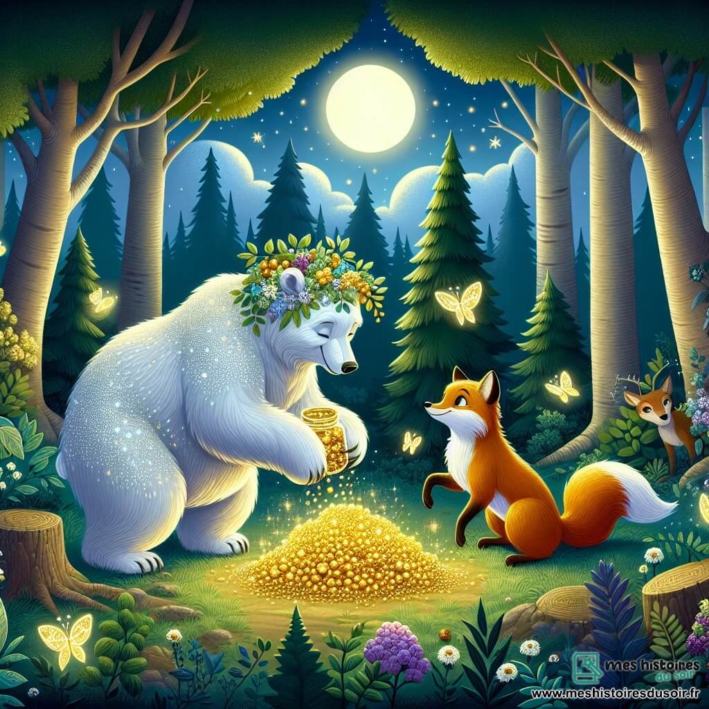 Dans une clairière enchantée, une ourse nommée Luna, au pelage blanc éclatant, se tient au centre, souriante. Ses grands yeux expriment la joie alors qu'elle récolte des baies dorées sous la lumière de la lune. À ses côtés, Léo le renard, avec son pelage roux, observe avec gratitude, impatient de partager cette abondance. La clairière est entourée d'arbres majestueux et de lucioles dansant dans l'air, tandis que des fleurs colorées ajoutent de la gaieté. Luna cueille des baies dorées, entourée d'animaux de la forêt célébrant l'entraide et la solidarité sous le ciel étoilé.