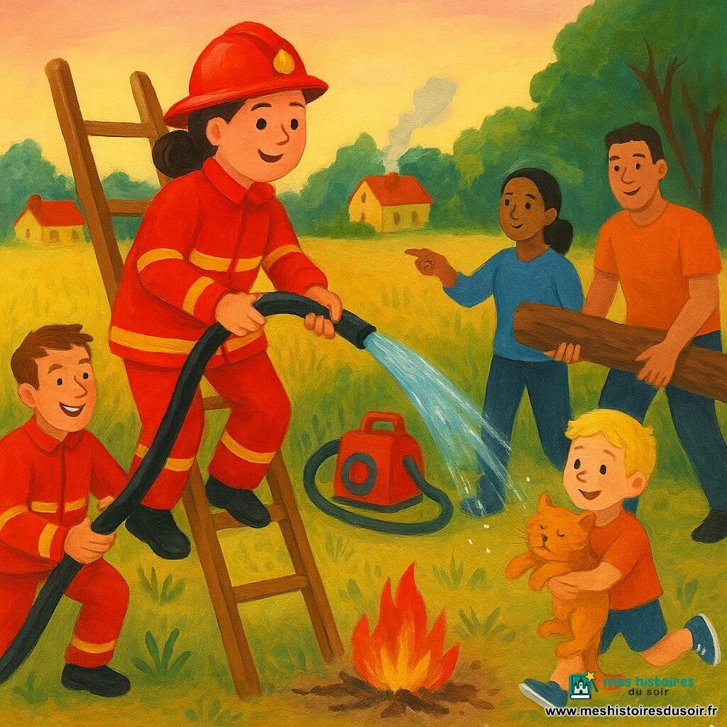 Clara, 29 ans, pompier au visage rond et souriant, cheveux bruns en chignon, tenue rouge et casque brillant, monte une échelle et arrose une petite flamme d'un jet d'eau scintillant; Tom, ~28 ans, cheveux courts et malicieux, tient un tuyau au sol à gauche en souriant; Aïcha, ~32 ans, peau chaude et cheveux attachés, donne des instructions calmes vers la lisière du bois près de la pompe; Manu, ~35 ans, grand et costaud, dégage un tronc tombé à droite; un garçon d'environ 6 ans tient un chat roux effrayé mais endormi et court vers Clara, soulagement; lieu : lisière d'un champ doré bordé d'un petit bois, herbes hautes, quelques maisons, fumée légère, ciel matinal rose pâle et jaune; ambiance sûre et héroïque, eau en arc brillant, étincelles qui s'éteignent, couleurs vives, texture de pinceau visible, contours doux, composition centrée sur Clara et l'échelle.