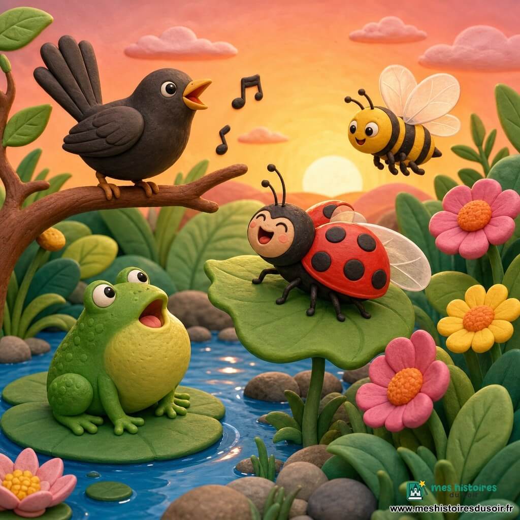 Lili la coccinelle, carapace rouge à six points noirs, dirige sur un grand pétale en chantant; Grenouillette la grenouille, ronde et verte, est assise sur un nénuphar et fait « croa »; Merlou le merle, plumage brun-noir, est perché sur une branche et trille; Abeillou l’abeille, rayé jaune et noir, vole en faisant « bzz » entre des fleurs; le jardin, façon pâte à modeler, montre feuilles, fleurs texturées, eau brillante et petites pierres sous une lumière douce de fin d’après-midi; les quatre amis forment une chorale joyeuse et tendre.
