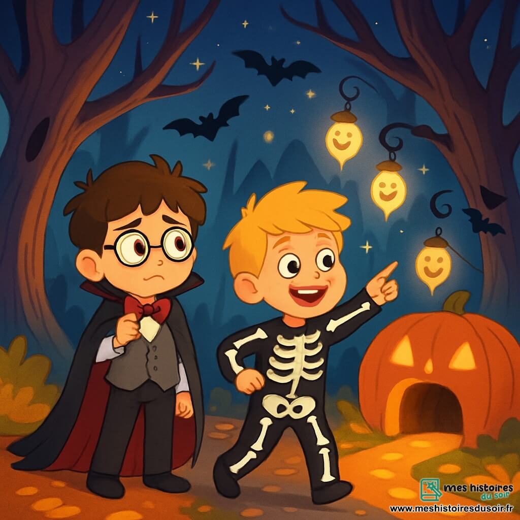 Il y a deux personnages principaux : Tim, un garçon de 8 ans avec des cheveux bruns en bataille et des lunettes rondes, portant un costume de vampire maladroit avec une cape trop grande, se tient en retrait, inquiet. Léo, également âgé de 8 ans, a des cheveux blonds et un grand sourire, déguisé en squelette avec un costume noir orné de motifs blancs, se tient devant Tim, pointant vers un chemin illuminé par des lanternes fantômes, enthousiaste. L'action se déroule dans la Forêt Enchantée du Parc des Sorciers, sous un ciel étoilé, avec des arbres tordus, des feuilles dorées et orange au sol, et des chauves-souris volant autour de lanternes scintillantes. Au loin, une citrouille géante éclairée dégage une douce lumière orange. Tim et Léo hésitent devant trois chemins mystérieux, Tim montrant de la peur envers le tunnel dans la citrouille, tandis que Léo pointe vers le sentier lumineux, entouré de rires de fantômes.