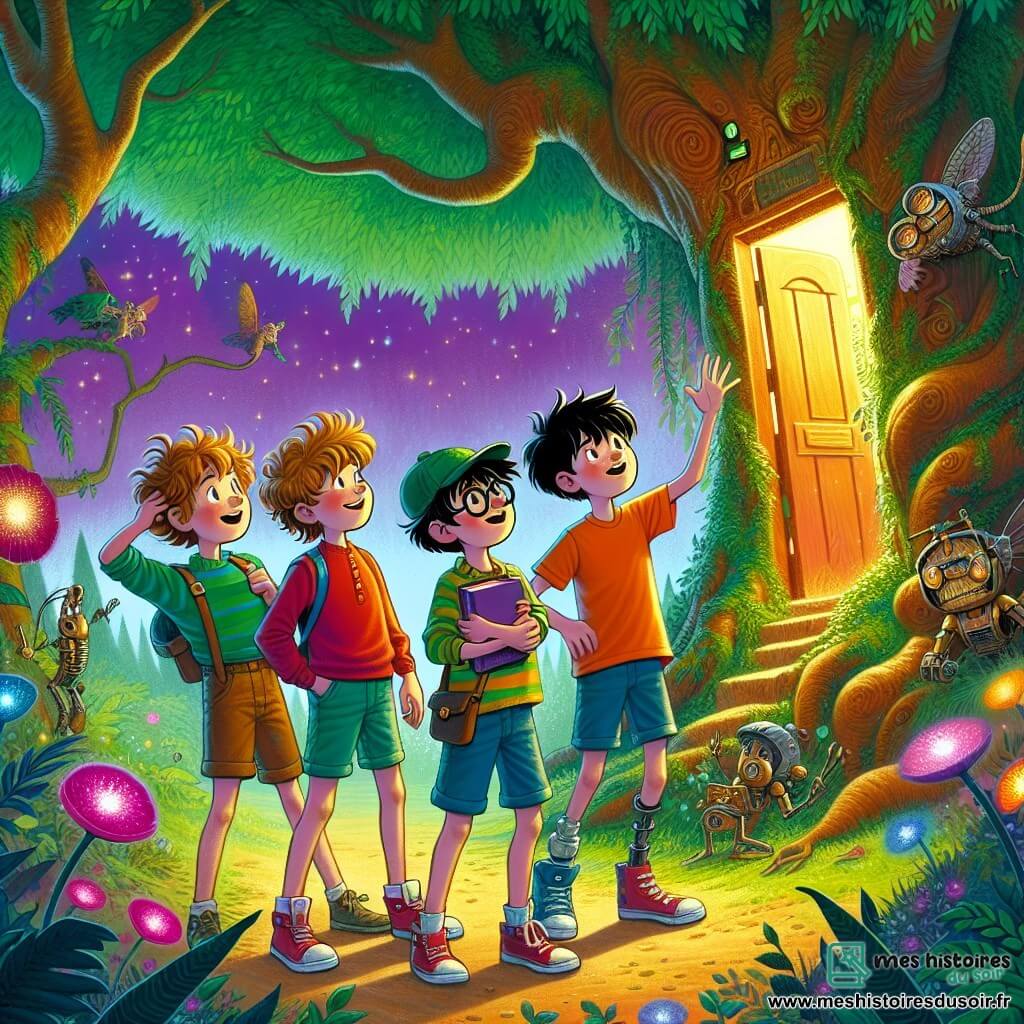 Illustration d'un groupe de quatre garçons d'environ 10 ans devant un arbre magique. Le premier, aux cheveux bouclés et bruns, en chemise rouge et short bleu, admire l'arbre. Le deuxième, blond avec une casquette verte, sourit et lève les bras. Le troisième, aux cheveux noirs, porte des lunettes et tient un carnet. Le quatrième, avec des cheveux châtains et une jambe différente, s'incline pour examiner la porte de l'arbre. La scène se déroule dans une forêt enchantée, avec des arbres majestueux et des feuilles scintillantes sous un ciel violet. Les garçons découvrent une petite porte sur le tronc, leurs visages exprimant curiosité et excitation, prêts à entrer dans un monde magique. Des éléments graphiques incluent des feuilles brillantes, des créatures mécaniques volantes et une mélodie visuelle émanant de la porte, créant une ambiance mystérieuse et aventureuse.