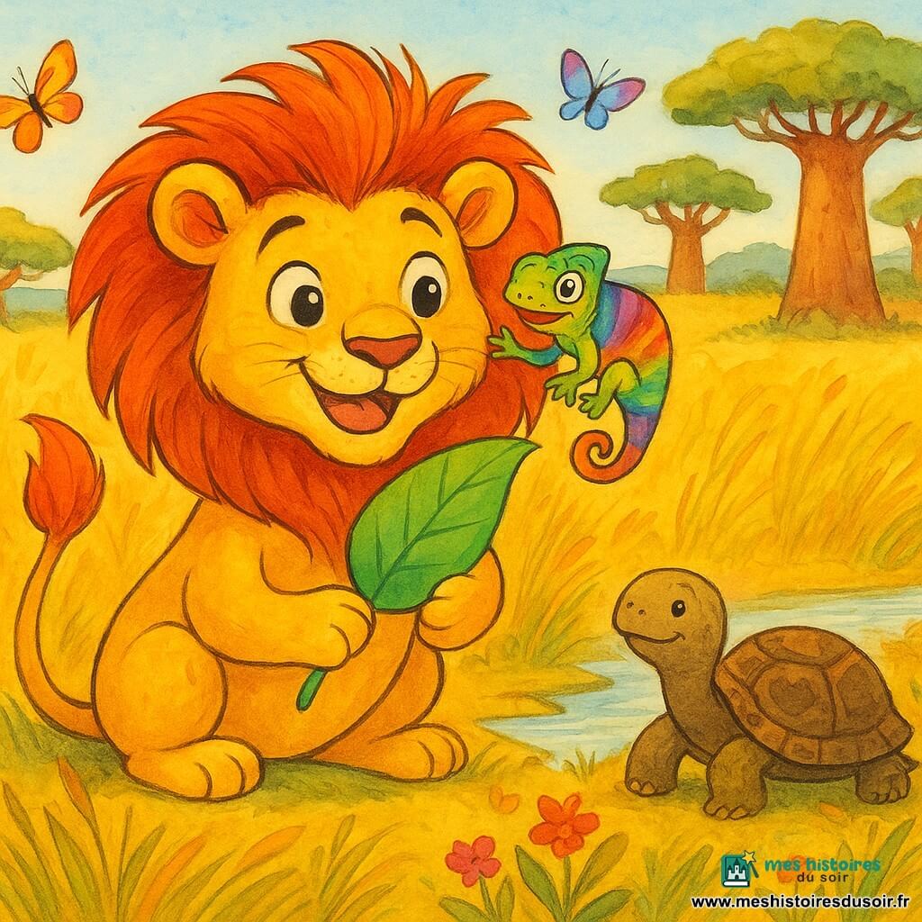 Jeune lion doré à la crinière flamboyante tenant une grande feuille verte, un petit gecko arc‑en‑ciel posé sur sa crinière souriant et levant la patte, une tortue sage près d'un ruisseau argenté, le tout dans une clairière de savane aux hautes herbes, baobabs, papillons et fleurs, éclairage matinal doux aux tons chauds, style encre lavis lumineux, plan moyen centrant les personnages avec profondeur.