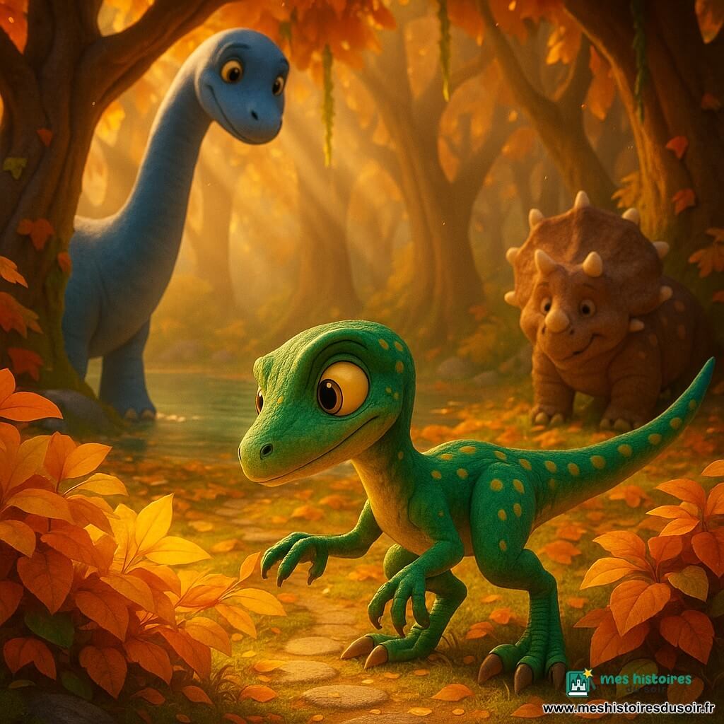 Un jeune vélociraptor vif et mince aux plumes vert émeraude tachées de jaune, yeux grands et curieux, souriant doucement, s'accroupit pour écarter des feuilles dorées et découvre une petite piste de pierres plates couvertes de mousse et de pétales lumineux; il a une expression émerveillée et courageuse, posture alerte, queue équilibrée, pattes prêtes à bondir. À l'arrière, Grodo, un grand diplodocus bleu-gris au cou long courbé, veille depuis le bord d'un lac scintillant, visage bienveillant, et Dino, un vieux tricératops corpulent à peau brune tachetée et cornes courtes, sourit en attendant à l'entrée de la forêt. La forêt chantante présente des arbres hauts aux troncs torsadés, feuilles or et rouge, lianes tombantes et rayons de soleil en faisceaux dorés; ambiance magique et chaleureuse, couleurs saturées, contrastes doux, textures lisses et léger flou de profondeur pour un rendu accueillant et enfantin.