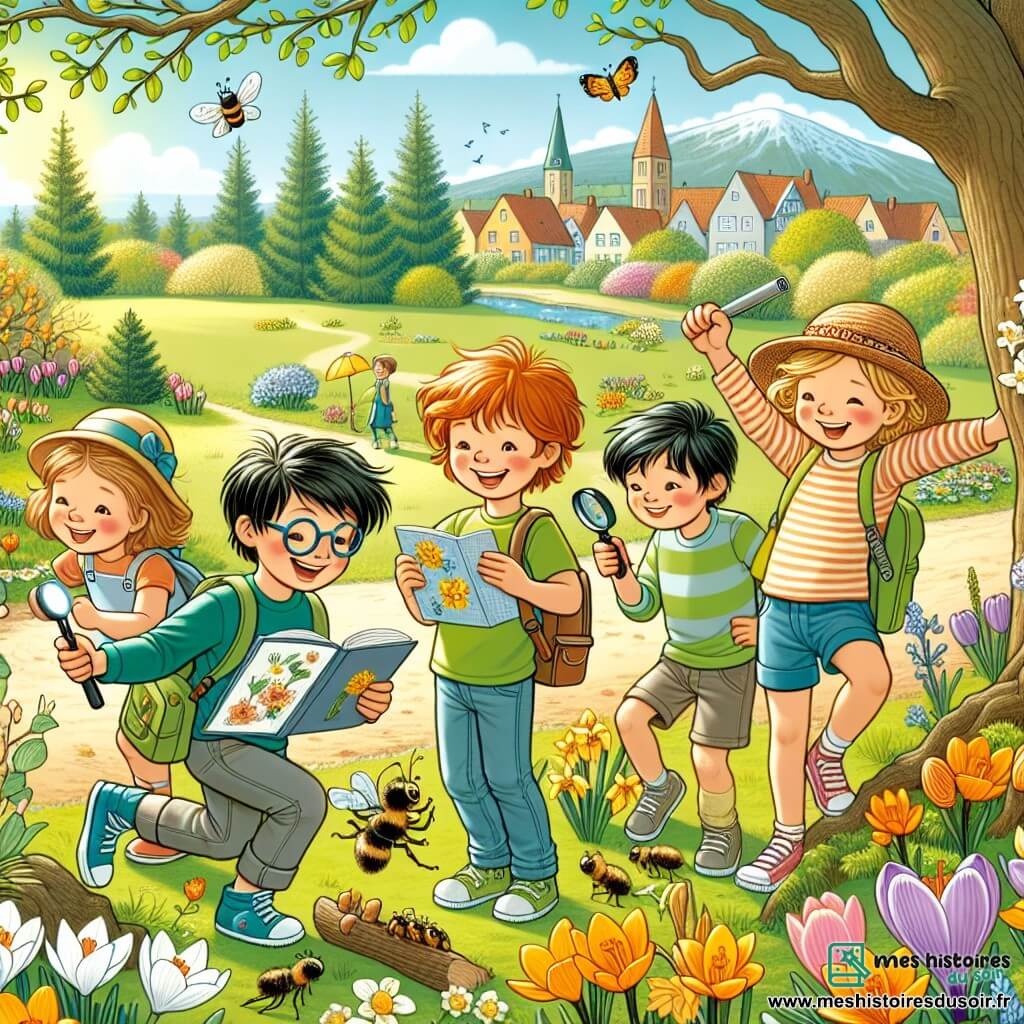 Dans un parc ensoleillé de Fleuriville, cinq enfants jouent ensemble. Julien, 10 ans, sourit avec sa canne légère en observant les fleurs. Émilie, 9 ans, dessine des fleurs colorées. Lucas, 8 ans, examine des fourmis avec une loupe. Sarah, 9 ans, imite le bourdonnement des abeilles en riant. Tom, 7 ans, propose de construire un fort en branches. Le parc, rempli de fleurs éclatantes et d'arbres majestueux, offre une douce ombre sous un ciel bleu parsemé de nuages. Les enfants participent à une chasse aux trésors de printemps, découvrant la nature tout en partageant des moments de complicité.