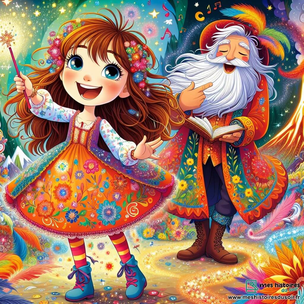 Lina, une fille de 8 ans aux cheveux châtains en désordre et aux yeux pétillants, se tient au centre de l'image, souriante. Elle porte une robe colorée à motifs floraux et tient une baguette magique scintillante, la Baguette-Miette. À ses côtés, Maître Plume, un homme âgé à la barbe blanche et au manteau de plumes colorées, sourit en tenant un livre ouvert. En arrière-plan, un volcan coloré fume doucement et émet des bulles parfumées. Le sol est couvert de fleurs éclatantes et de plumes. La scène est joyeuse et magique, avec Lina et Maître Plume chantant ensemble, entourés de plumes et de notes de musique scintillantes.