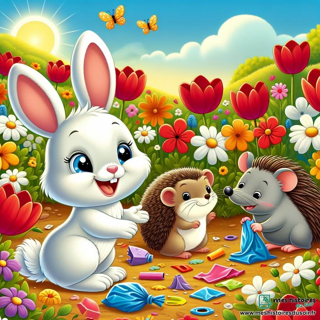 Illustration d'un petit lapin blanc aux grandes oreilles et aux yeux pétillants, sautant joyeusement dans une clairière colorée entourée de fleurs éclatantes. Un hérisson souriant ramasse un morceau de plastique, tandis qu'une petite souris grise collecte un papier coloré, tous deux affichant détermination et excitation. La clairière ensoleillée est remplie de tulipes rouges, de marguerites blanches et de coquelicots, baignée d'une lumière dorée. Les amis s'unissent pour nettoyer la clairière, entourés de fleurs souriantes. On voit aussi une pile de déchets colorés, des papillons et un ciel bleu avec des nuages blancs, créant une atmosphère joyeuse.