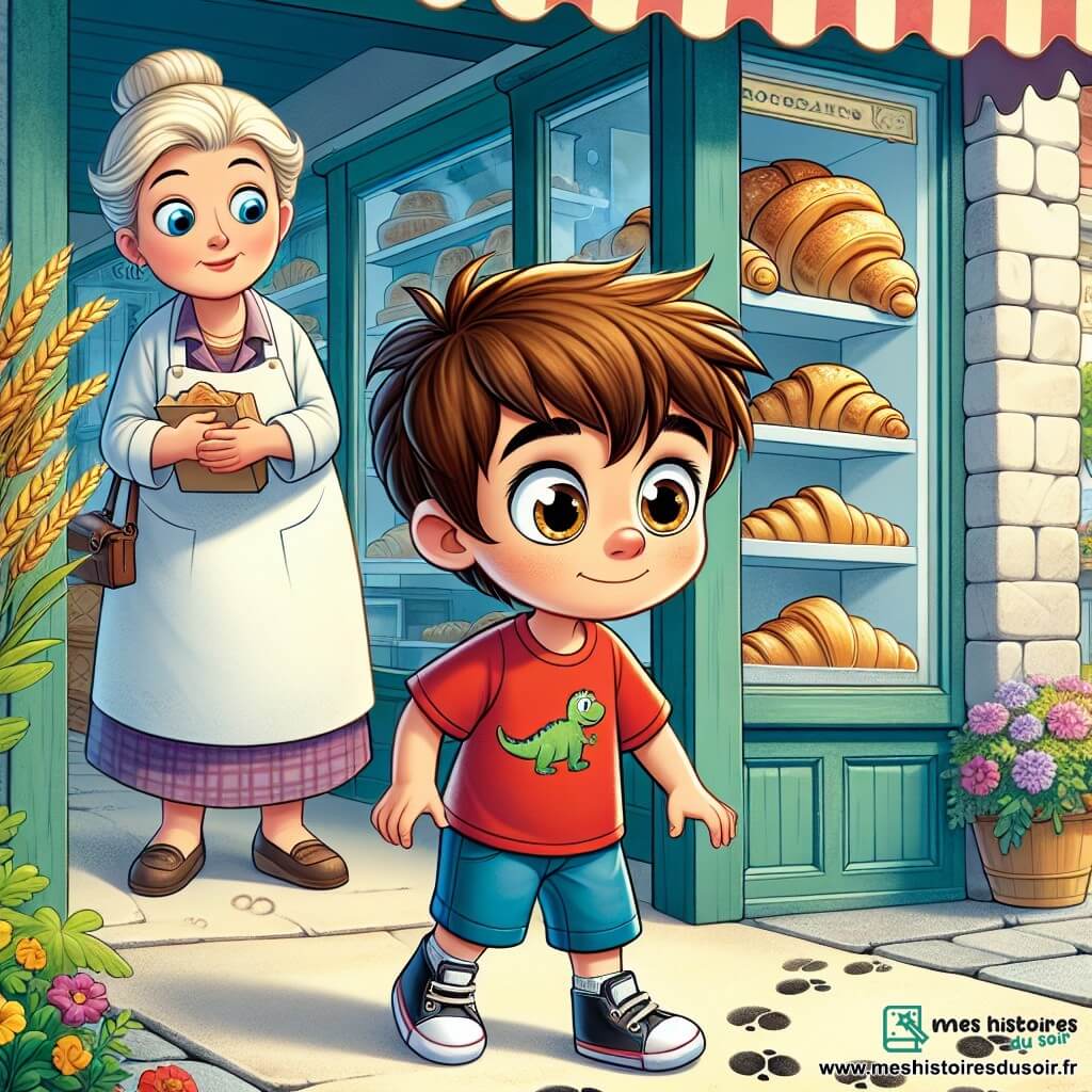 Un petit garçon de 6 ans, Tom, est au centre de l'image, avec des cheveux châtains en bataille et des yeux curieux. Il porte un t-shirt rouge avec un dinosaure et un short bleu. Son expression est déterminée alors qu'il examine des traces de pas devant la boulangerie. À côté de lui, la boulangère, une femme d'environ 40 ans avec des cheveux blonds en chignon et un tablier blanc, le regarde avec inquiétude et espoir, tenant une boîte de croissants prête à lui offrir. En arrière-plan, la boulangerie est chaleureuse, avec des étagères de pains dorés et de pâtisseries colorées. Tom est accroupi, examinant les traces de pas, tandis que la boulangère l'encourage dans sa quête pour résoudre le mystère du vol.