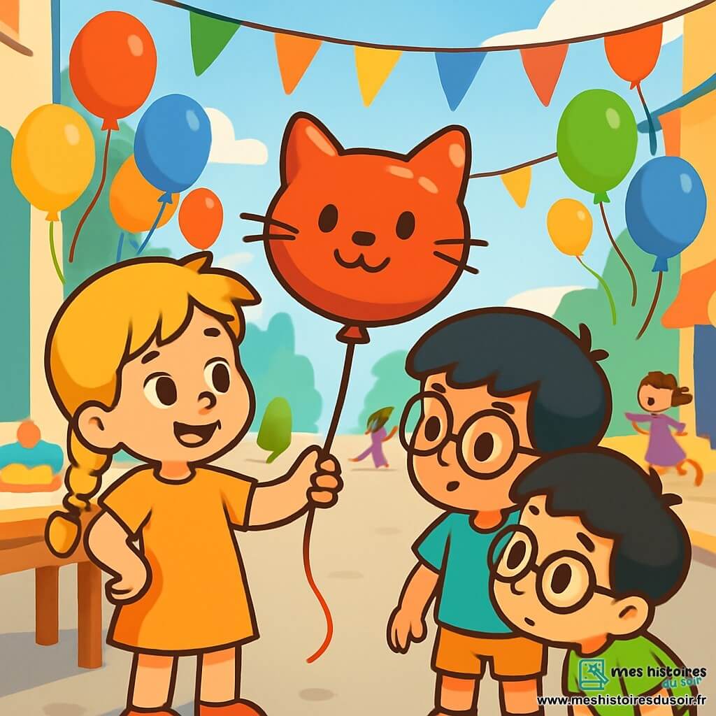 Un petit garçon de 4 ans, Max, avec des cheveux bruns en bataille et un sourire émerveillé, tient un ballon rouge en forme de chat. À ses côtés, Léa, une fille de 5 ans aux cheveux blonds tressés, regarde le ballon avec curiosité. Sami, un garçon de 4 ans avec des lunettes et des cheveux noirs, se penche pour mieux voir le dessin sur le ballon. La scène se déroule dans une rue festive, décorée de ballons multicolores et de guirlandes scintillantes, où des enfants jouent et rient. Max, Léa et Sami se regroupent autour du ballon rouge, se demandant à qui il appartient et s'il cache un secret, l'air rempli de joie et d'excitation.