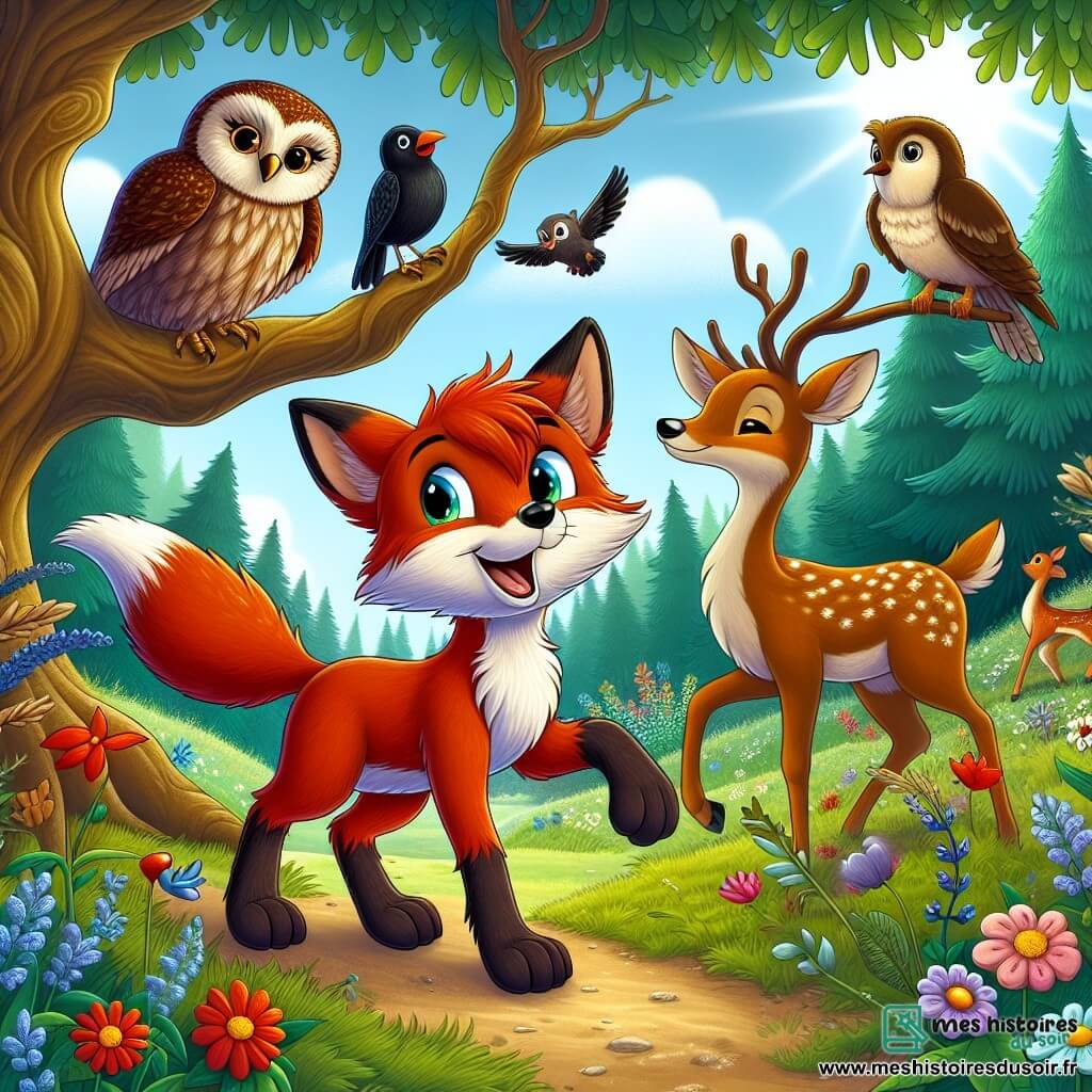 Un renard nommé Félix, avec une fourrure rousse et des yeux malicieux, se tient au centre de la clairière, affichant une expression déterminée. Il est entouré de fleurs colorées. À sa droite, Dame Hulotte, une chouette perchée sur une branche, observe avec bienveillance. À gauche, Siffleur, un merle joyeux, chante, tandis qu'une biche gracieuse nommée Flore se tient près de lui. La scène se déroule dans une forêt enchantée, où un ruisseau serpente à travers la clairière. Félix et ses amis se préparent à affronter un feu magique qui menace leur forêt, déterminés à restaurer l'harmonie.