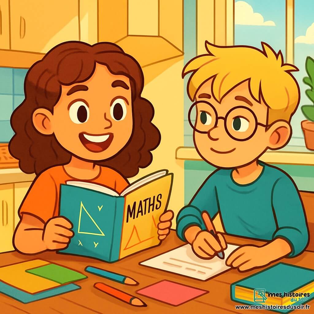 Léa, 12 ans, a de grands yeux brillants et des cheveux châtains bouclés. Elle sourit avec confiance en tenant un livre de maths ouvert. Assise à une table en bois, elle est entourée de feuilles colorées et de crayons. À côté d'elle, Tom, également 12 ans, a des cheveux blonds en bataille et des lunettes. Il admire Léa tout en prenant des notes. La scène se déroule dans une cuisine chaleureuse aux murs jaunes, avec une lumière du soleil et des odeurs de pizza. Léa et Tom révisent ensemble, partageant rires et encouragements dans une ambiance joyeuse.