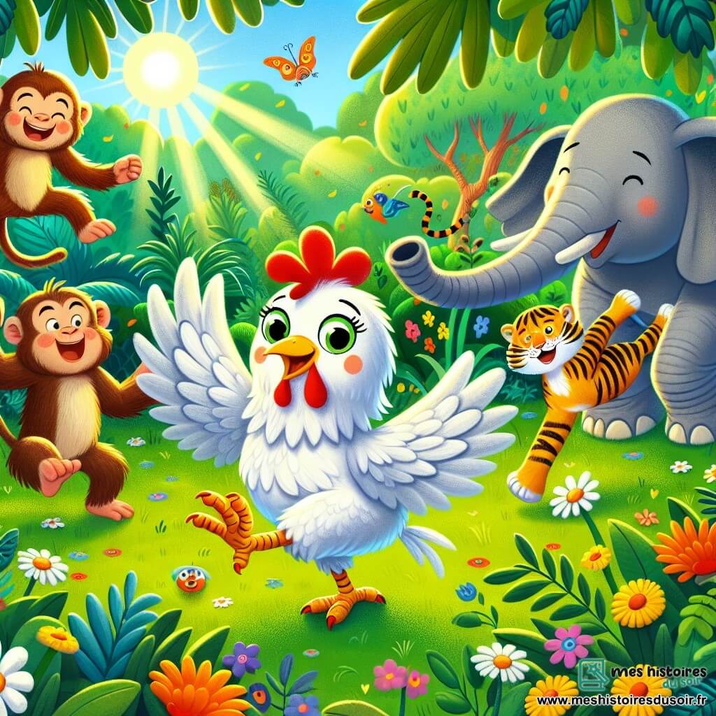 Une poule joyeuse nommée Pipa, avec des plumes blanches et un petit bec orange, danse dans la jungle, ses yeux pétillants de bonheur. À côté, un singe espiègle avec un pelage brun fait des grimaces en tenant une banane. Un tigre aux rayures orange vif et noir, souriant, tourne en rond en balançant sa queue. En arrière-plan, un éléphant gris aux grandes oreilles joue avec des jeux colorés. La scène se déroule dans une jungle luxuriante, remplie de feuillages verts, de fleurs colorées et de rayons de soleil. Les animaux se rassemblent pour une fête joyeuse, dansant et jouant ensemble, entourés de rires.