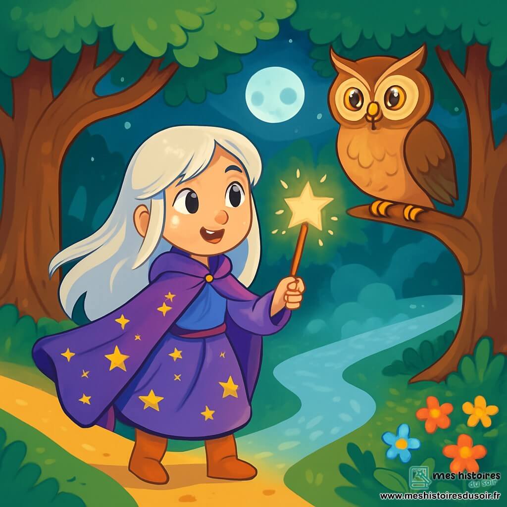 Eldoria, une jeune mage de douze ans aux longs cheveux d'argent, se tient au centre de la scène, déterminée. Elle porte une cape violette ornée d'étoiles dorées et tient une baguette magique lumineuse. À côté d'elle, un hibou sage aux plumes brunes se perche sur une branche, prêt à lui donner des conseils. Le décor est une forêt enchantée éclairée par la lune, entourée d'arbres majestueux aux feuilles brillantes. Trois sentiers s'étendent devant elle : un scintillant d'or, un enveloppé de brouillard argenté, et un parsemé de fleurs colorées. Eldoria, hésitante mais résolue, est prête à choisir son chemin pour trouver l'artefact magique qui sauvera son royaume.