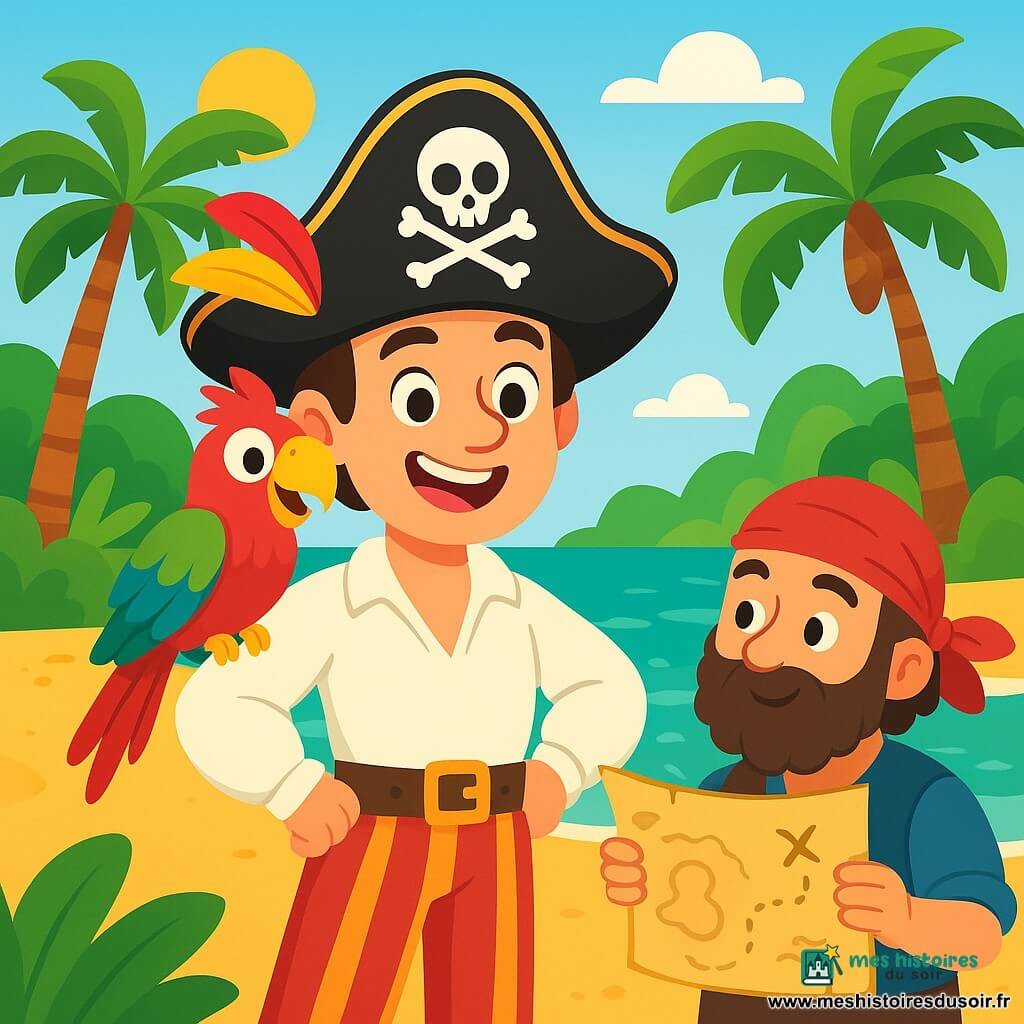Un homme, le Capitaine Loup, se tient sur le rivage d'une île mystérieuse, visiblement excité par l'aventure. Il porte un chapeau de pirate orné de plumes, une chemise blanche et un pantalon rayé. À ses côtés, un perroquet coloré est perché sur son épaule. Un matelot, avec une barbe et un bandana, observe une carte au trésor. Le décor est une plage dorée entourée de palmiers et de rochers, avec une mer turquoise. Ils découvrent l'île secrète, prêts à résoudre les énigmes pour accéder au trésor caché, l'excitation et l'esprit d'aventure flottant dans l'air.