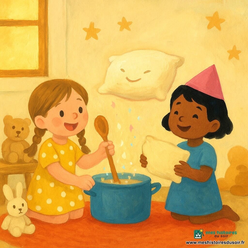 Deux fillettes — Zoé (≈6 ans) aux nattes châtain clair et robe jaune à pois blancs, assise à gauche d’un petit tapis rond, remuant une grande cuillère en bois légèrement dorée — et Lila (≈5 ans) aux cheveux noirs courts et chapeau en papier rose de travers, en robe bleue, à droite du tapis tenant un coussin crème qui flotte au‑dessus de ses mains — dans un salon bas et chaleureux (tapis rouge-orangé, petite table en bois clair, murs crème avec étoiles peintes, peluches, lumière douce de fin d’après-midi, textures gouache), préparent une soupe magique de doudous : cuillère scintillante, étincelles pastel, coussin souriant lévitant, ambiance fantaisiste, couleurs vives et formes rondes.