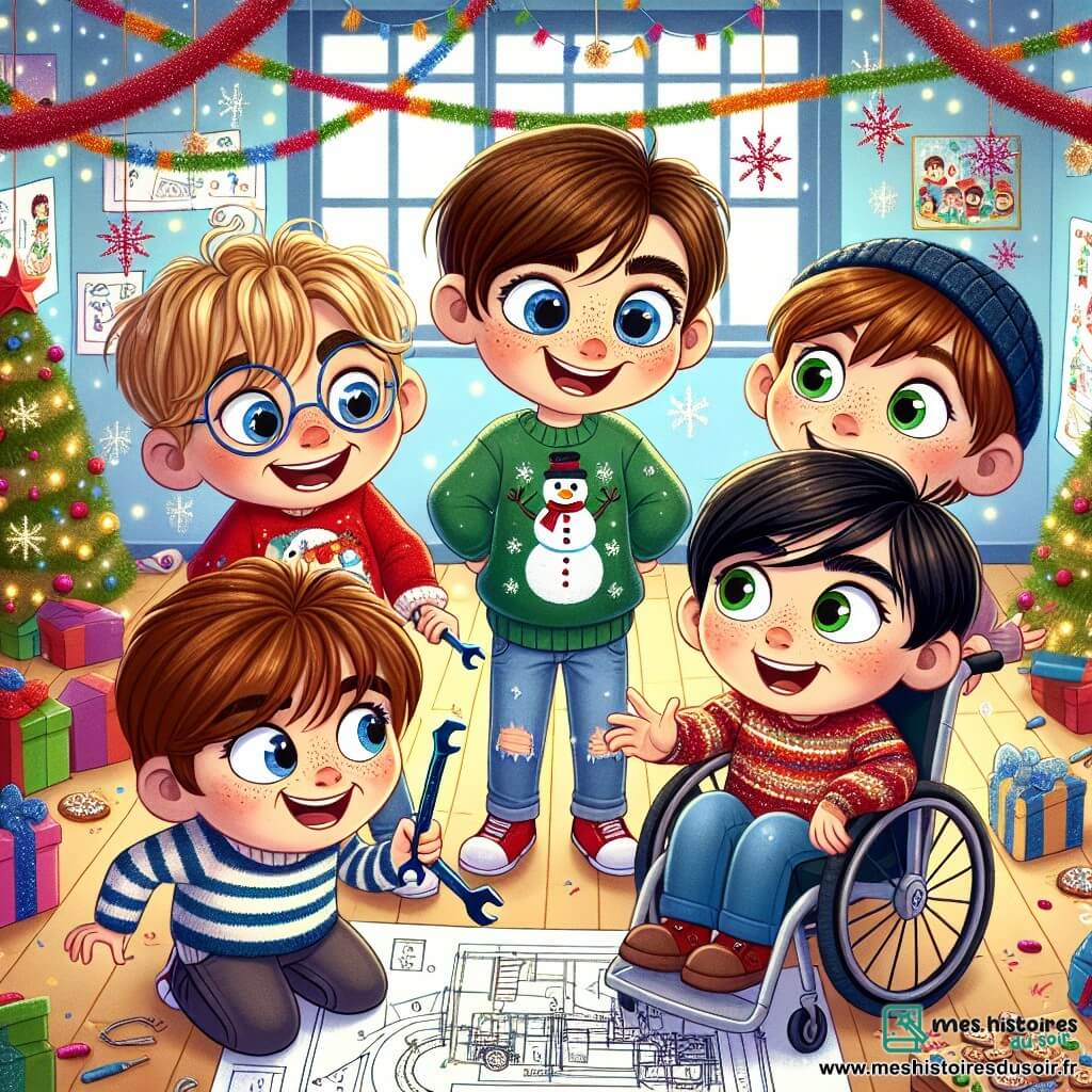 Dans une salle de classe festive, quatre garçons sont au centre, entourés de décorations de Noël. Tom, 7 ans, a des cheveux blonds et porte un pull rouge avec un bonhomme de neige. Lucas, 7 ans, avec des cheveux bruns et des lunettes, est en t-shirt vert avec un sapin. Max, 8 ans en fauteuil roulant, a des cheveux châtains et un sweat bleu, tenant une boîte de cookies. Hugo, 7 ans, avec des cheveux noirs, porte un pull rayé et gesticule comme s'il racontait une histoire. La classe est décorée de guirlandes et d'un grand sapin scintillant. Les garçons réparent le traîneau du Père Noël avec enthousiasme, sous le regard admiratif d'un petit lutin en vert. L'atmosphère évoque la magie de Noël et l'amitié.