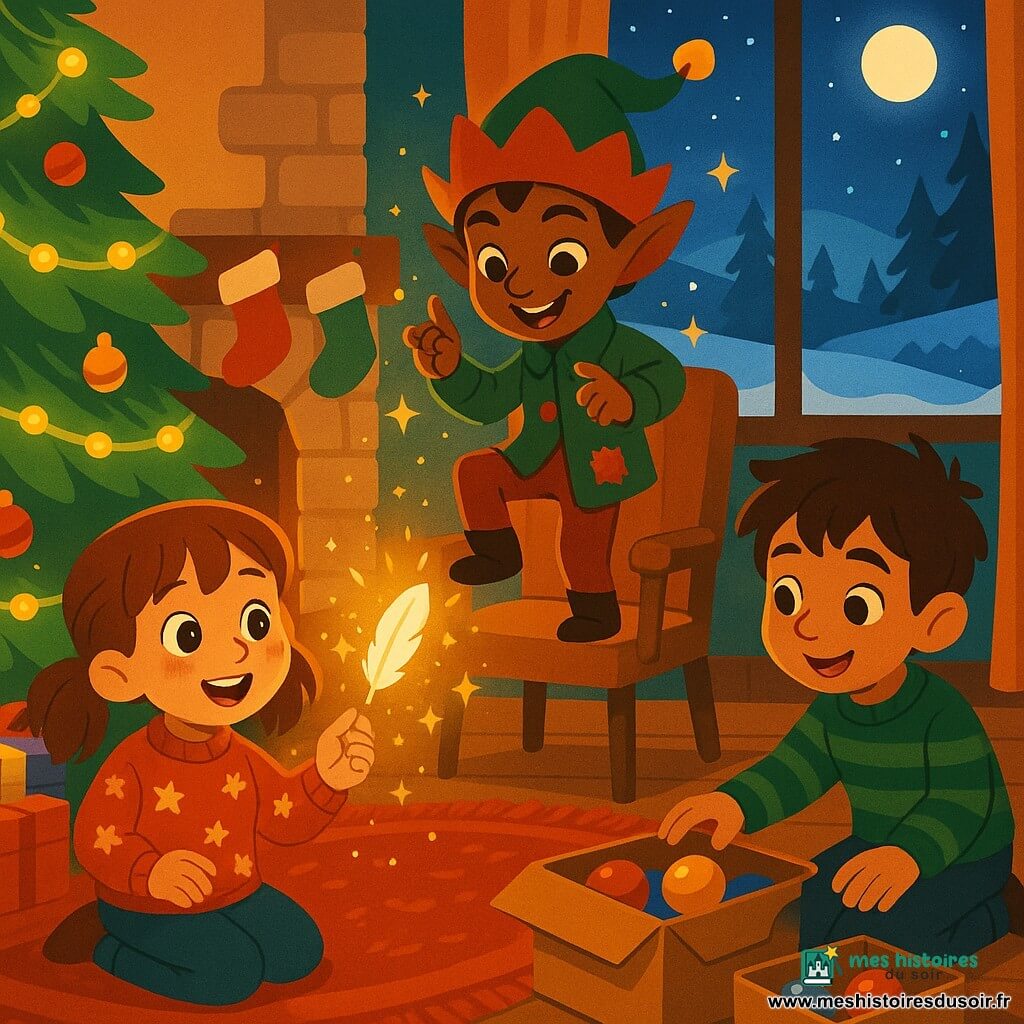 Trois personnages dans un salon de Noël cosy la nuit : Emma (environ 8 ans) à gauche devant le sapin, cheveux châtains en couettes, pull rouge à étoiles blanches, tenant une petite plume blanche entre pouce et index, visage émerveillé ; Lucas (environ 9 ans) à droite, accroupi près d'une boîte de décorations ouverte, cheveux bruns en bataille, pull vert à rayures, souriant en regardant la plume, main sur une boule dorée ; un lutin farceur, petit et vif, au centre sur un fauteuil en bois, chapeau pointu vert et rouge, veste rapiécée, oreilles légèrement pointues, sur la pointe des pieds en train de claquer des doigts, expression espiègle. Décor : grand sapin illuminé de guirlandes jaunes chaudes, cadeaux au pied, cheminée en pierre avec bas suspendus, fenêtre sur paysage enneigé, tapis rouge et petite table avec tasses de chocolat chaud. Situation : à minuit le lutin claque des doigts et une pluie d'étoiles dorées et paillettes tombe autour d'Emma et Lucas, la plume flotte au milieu des éclats, visages éclairés d'une lueur douce et chaleureuse, ambiance joyeuse et complice, couleurs saturées (verts sapin, rouges chauds, ors), style aux traits nets et formes rondes adapté à un livre jeunesse.