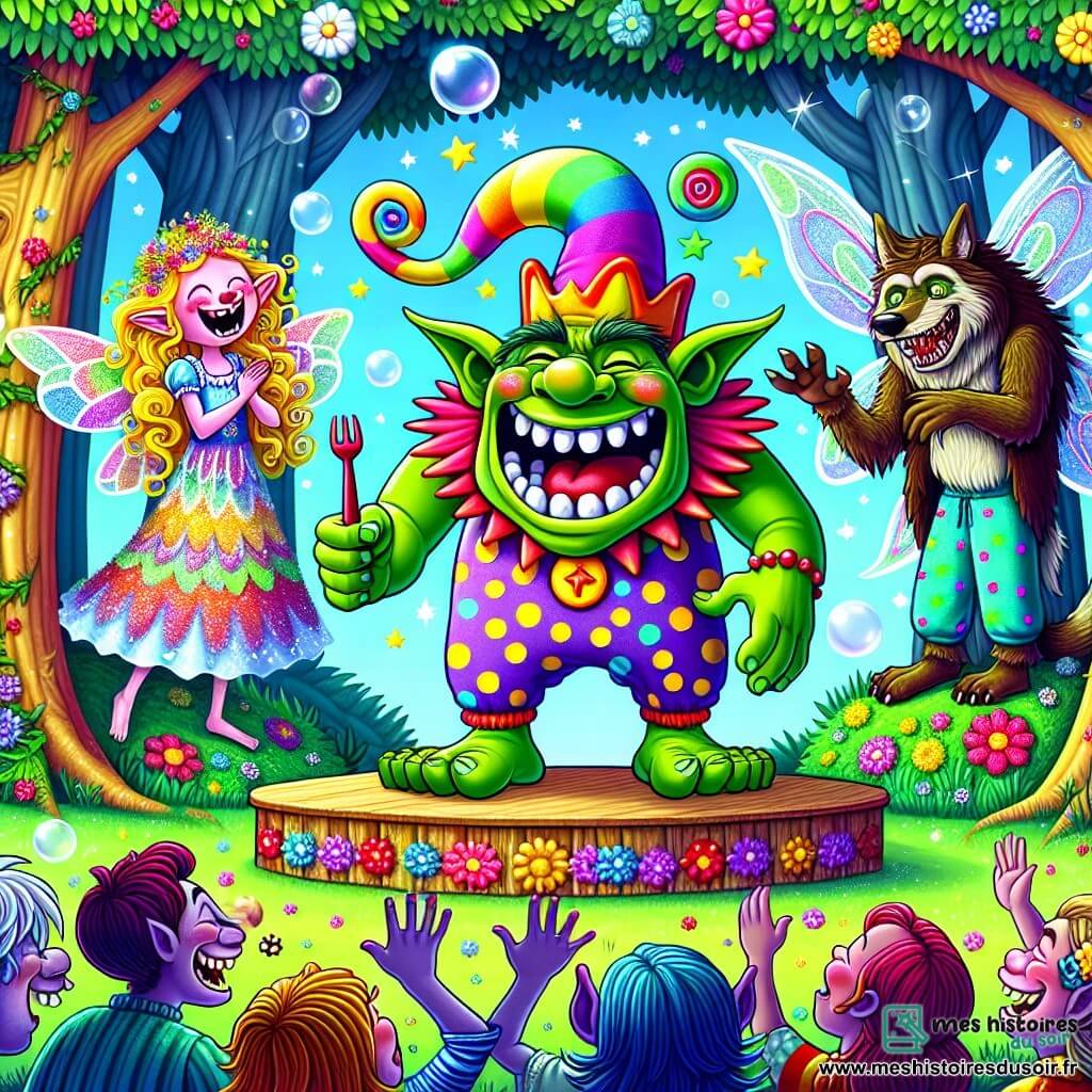 Un ogre joyeux nommé Grognon, avec une peau verte et des yeux malicieux, se tient sur scène en riant. Il porte un chapeau en bonbons et un grand sourire. À ses côtés, une fée aux ailes brillantes applaudit, tandis qu'un loup-garou en pyjama à pois rit en arrière-plan. La scène se déroule dans une clairière enchantée, entourée d'arbres colorés et de fleurs dansantes. Des créatures magiques, comme des trolls et des dragons, ajoutent à l'ambiance joyeuse. Grognon, sur une scène décorée, raconte ses blagues hilarantes, faisant rire tous les spectateurs.