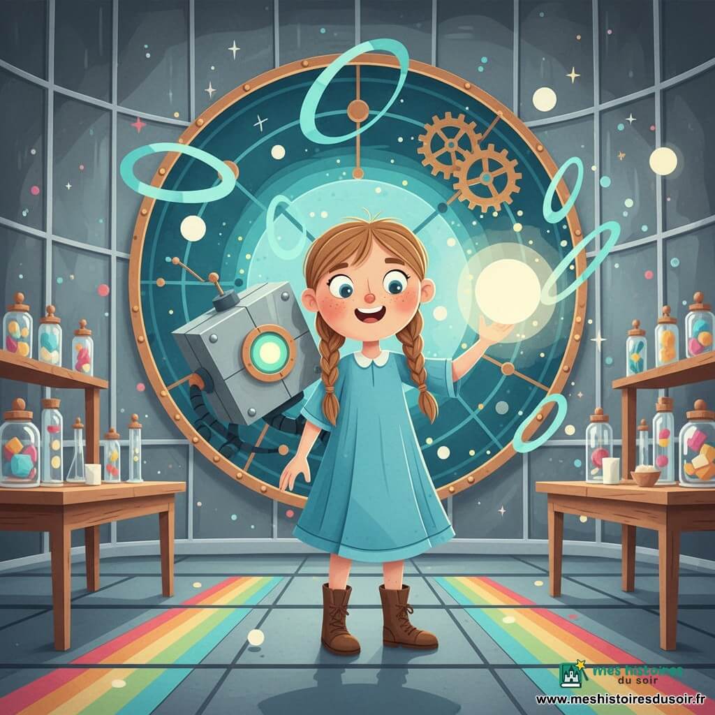 Fille de 10 ans au visage rond et taches de rousseur, cheveux châtain clair en deux nattes, robe bleu ciel et bottines en cuir usé, la main posée sur une sphère lumineuse; derrière elle, Zorak, petit robot gardien au corps en métal poli, joints cuivrés et œil vert, incliné comme pour la protéger; en arrière-plan la Machine‑Cosmos, grande structure circulaire en verre et métal aux rouages dorés, sphères flottantes et filaments d'énergie turquoise, le tout dans un laboratoire aux murs de verre fumé, étagères de bocaux, tables en bois et lueurs arc‑en‑ciel — scène intime et magique où la lumière de la sphère diffuse des rayons doux, mêlant science et émerveillement.