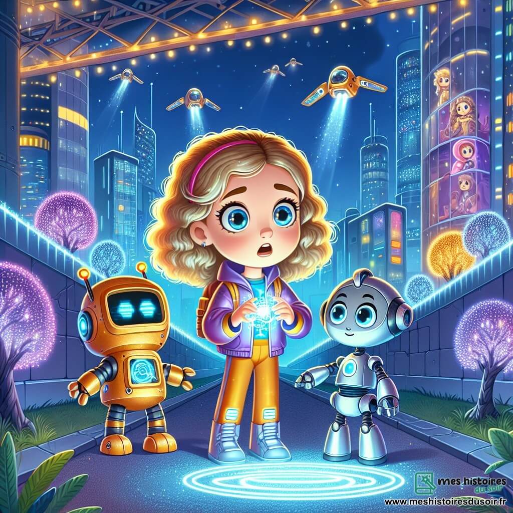 Lila, une fille de 8 ans aux cheveux bouclés et dorés, porte une combinaison futuriste colorée. Elle exprime émerveillement et curiosité en tenant un petit robot en métal brillant, Robotix, qui a une apparence amicale avec des yeux lumineux et un corps argenté. Le décor est une ville futuriste avec des bâtiments en verre, des voitures volantes et des néons colorés. Lila et Robotix découvrent une porte cachée dans un mur, entourée d'un halo de lumière bleue qui attire leur attention.