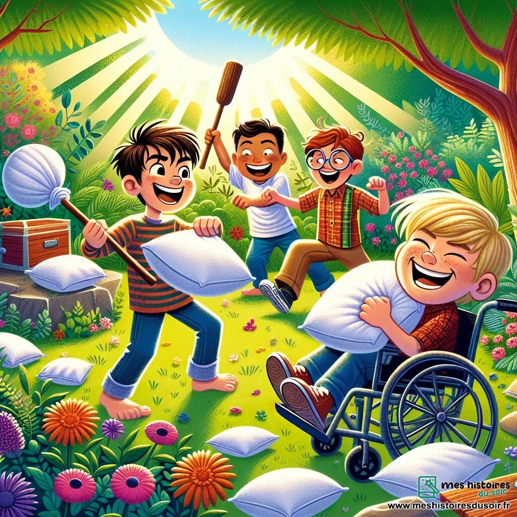 Dans un jardin ensoleillé, quatre amis se préparent pour une bataille de coussins. Maxime, 10 ans, est au centre avec un coussin comme bouclier. À sa droite, Lucas, 9 ans, rit en lançant un coussin. À gauche, Tom, 10 ans, fait une grimace en se préparant à lancer le sien. Hugo, 11 ans et en fauteuil roulant, sourit en tenant un coussin géant. Le jardin est rempli de fleurs colorées et d'arbres, avec une pierre au fond où se cache un coffre mystérieux. Les rayons du soleil créent une ambiance joyeuse alors que les amis s'amusent et rient, lançant des coussins dans une atmosphère de bonheur et d'amitié.