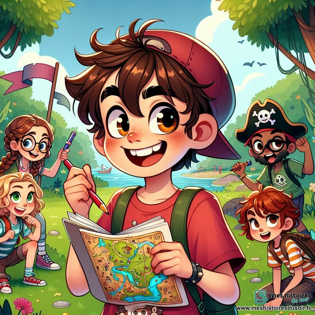 Cédric, un garçon de 12 ans avec des cheveux bruns en bataille et un grand sourire, tient une carte au trésor colorée. À ses côtés, Zoé, 11 ans, avec des cheveux blonds tressés et des lunettes rondes, dessine une carte sur un carnet. Lucas, 12 ans, avec des cheveux noirs et une casquette à l'envers, fait des grimaces en imitant un pirate. Maxime, 11 ans, avec des cheveux châtains, est allongé dans l'herbe, pointant vers les nuages. Ils sont dans un parc verdoyant avec des arbres, des fleurs et un ruisseau. Les amis se préparent pour une chasse au trésor, entourés de rires et d'une ambiance d'aventure.