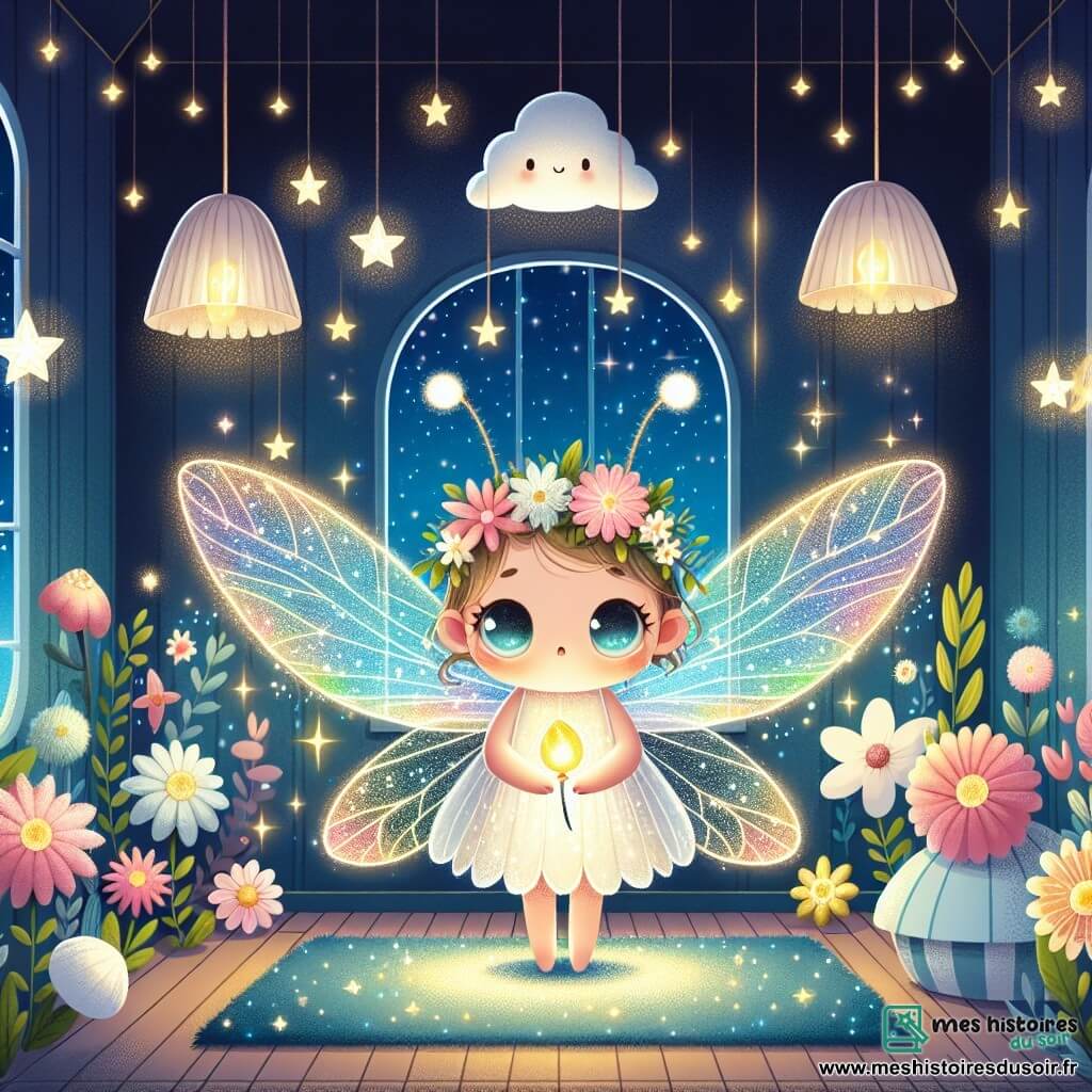 Dans une chambre magique, une luciole nommée Lulu, avec un corps lumineux et des ailes délicates, regarde autour d'elle avec inquiétude. Ses yeux brillent d'une douce lueur, et elle est entourée de fleurs colorées scintillant dans l'obscurité. À côté d'elle, un nuage nommé Flocon, moelleux et blanc, flotte joyeusement, dégageant une lumière douce et réconfortante. La chambre, aux murs bleus nuit ornés d'étoiles en papier, est décorée de fleurs lumineuses et de feuilles vertes. Lulu, un peu effrayée par l'obscurité, se tient au centre de la pièce, tandis que Flocon illumine la chambre, dissipant les ombres. Ensemble, ils dansent dans la douce lumière, transformant la peur en magie.
