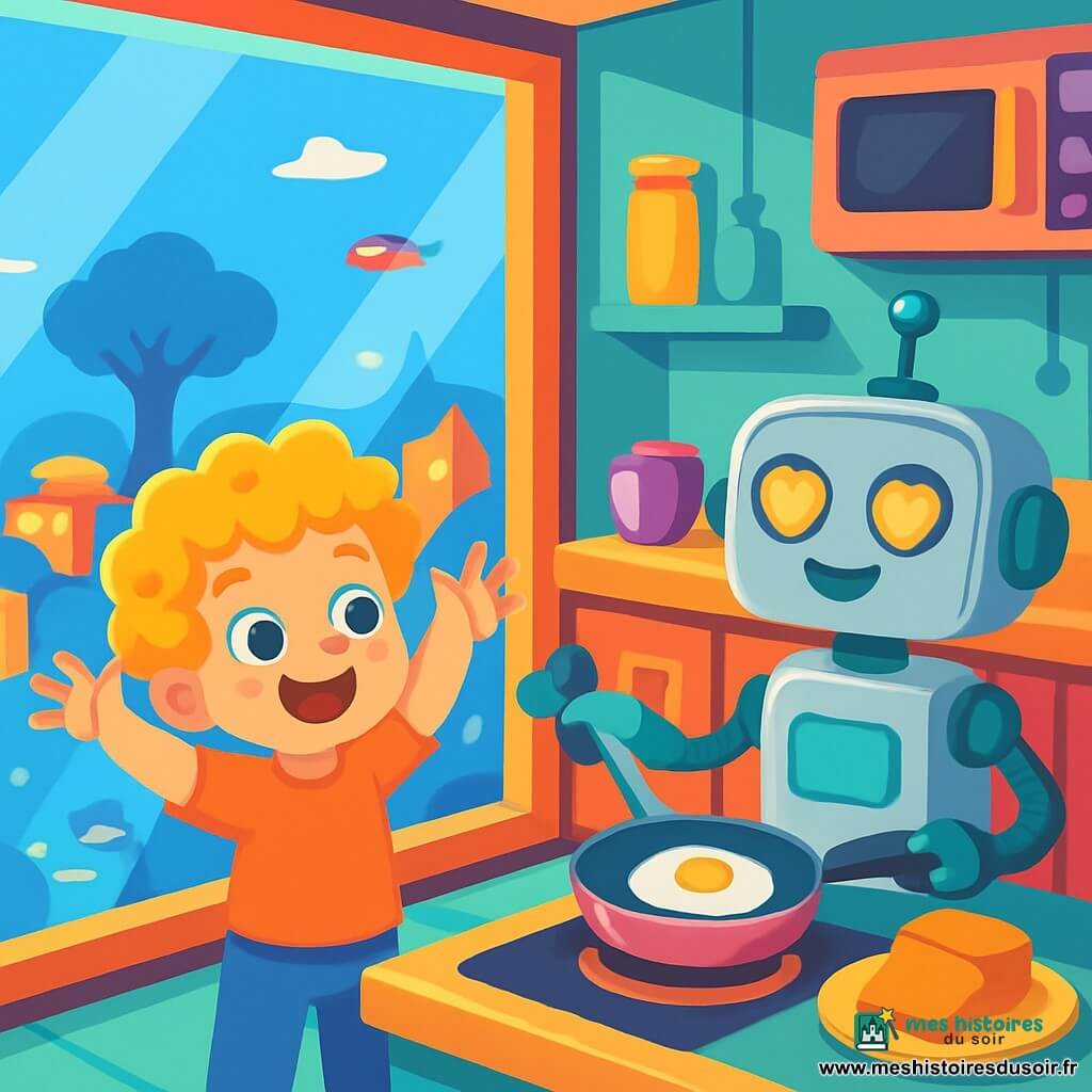 Un petit garçon de 4 ans, Noam, aux cheveux bouclés et dorés, se tient devant une fenêtre en verre, souriant avec émerveillement, les bras levés. À côté de lui, un robot nommé Mimi, avec un corps argenté et des yeux en forme de cœur, prépare le petit-déjeuner dans une cuisine futuriste colorée. La scène se déroule dans une chambre en hauteur avec des murs en verre offrant une vue sur une ville futuriste, où des maisons brillent et des voitures volent dans un ciel bleu. Noam, excité, regarde un grand arbre bleu au loin, prêt pour l'aventure.