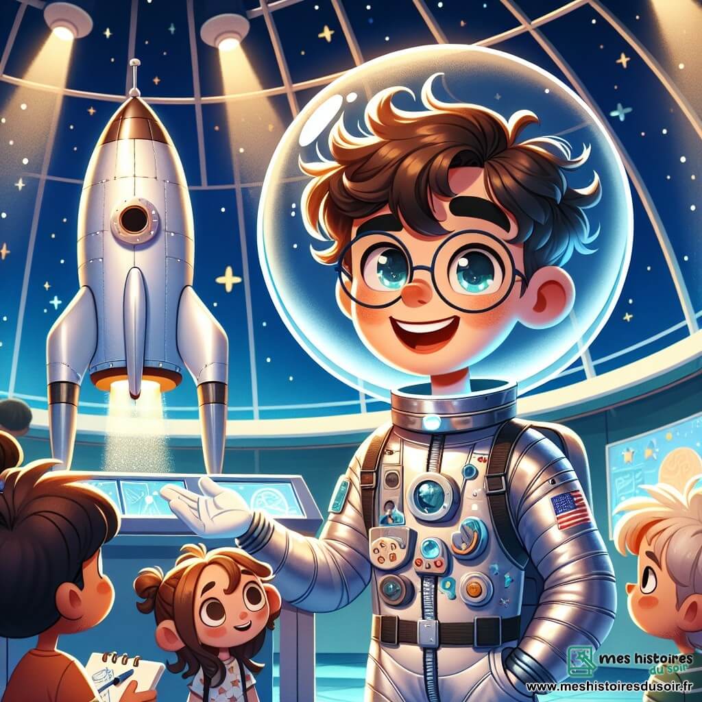 Un homme astronaute, Hugo, souriant, porte une combinaison spatiale bleu argenté et un casque transparent. Ses yeux pétillent de curiosité alors qu'il se tient devant une maquette de fusée dans son observatoire. À ses côtés, Léa, une fille de 9 ans aux cheveux bouclés et lunettes rondes, regarde la fusée avec émerveillement, tenant un carnet de croquis. Maxime, un garçon de 8 ans avec des cheveux châtains en bataille et un t-shirt à motifs d'étoiles, pose des questions avec attention. L'observatoire lumineux, avec un dôme de verre, laisse entrevoir un ciel étoilé et est décoré d'écrans clignotants et de maquettes de planètes. Hugo explique aux enfants le fonctionnement de la fusée, tandis qu'ils s'imaginent déjà en train de voyager vers Mars, remplis d'excitation et de rêves d'aventure spatiale.