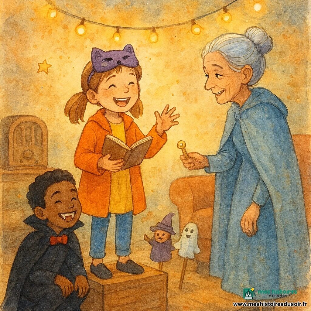 Lina, 10 ans, timide et joyeuse, cheveux châtain clair en couettes, masque de chat violet repoussé sur la tête et manteau orange, est debout sur une caisse, gesticule et tient un petit carnet; Tom, ~9 ans, déguisé en petit vampire à cape noire et dents en plastique, est accroupi à côté en riant; une vieille femme d'environ 70 ans, fine, cheveux argentés en chignon et cape brillante, tend une petite clé en laiton vers Lina avec un sourire bienveillant; le tout se passe dans un salon ancien décoré pour Halloween (plancher en bois patiné, guirlande de lucioles, malles et bonbons en forme d'étoiles), ambiance chaleureuse et magique, Lina raconte un souvenir drôle au milieu d'un cercle d'auditeurs, rires partagés, guirlande et clé scintillent.