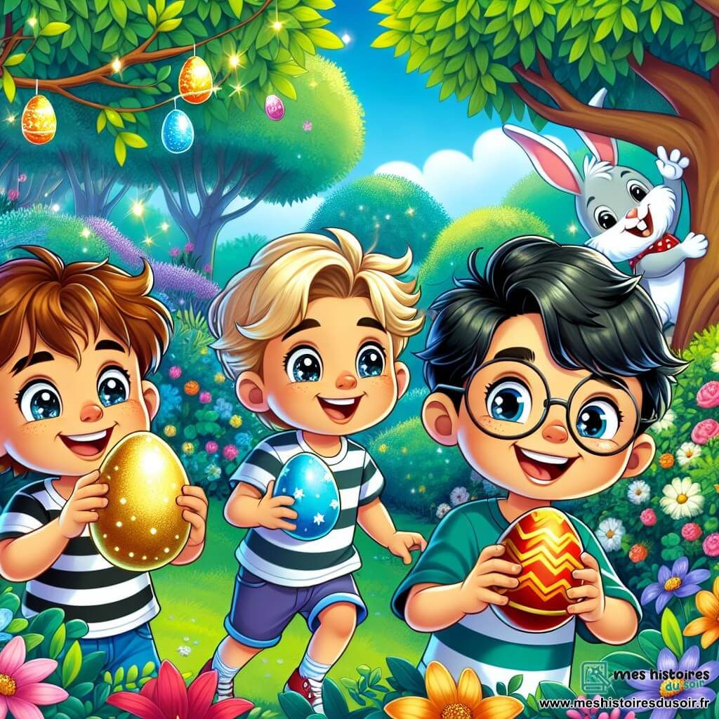 Dans un jardin magique, trois garçons chassent des œufs de Pâques. Léo, six ans, tient un œuf doré. À sa gauche, Max, également six ans, admire un œuf bleu découvert sous un buisson. À droite, Hugo, avec un t-shirt rayé, pointe un œuf rouge caché dans un arbre. Le jardin est coloré avec des fleurs et des arbres brillants, tandis que des lapins sautent joyeusement autour d'eux. Les garçons rient et cherchent avec enthousiasme les œufs cachés, encouragés par un lapin souriant.