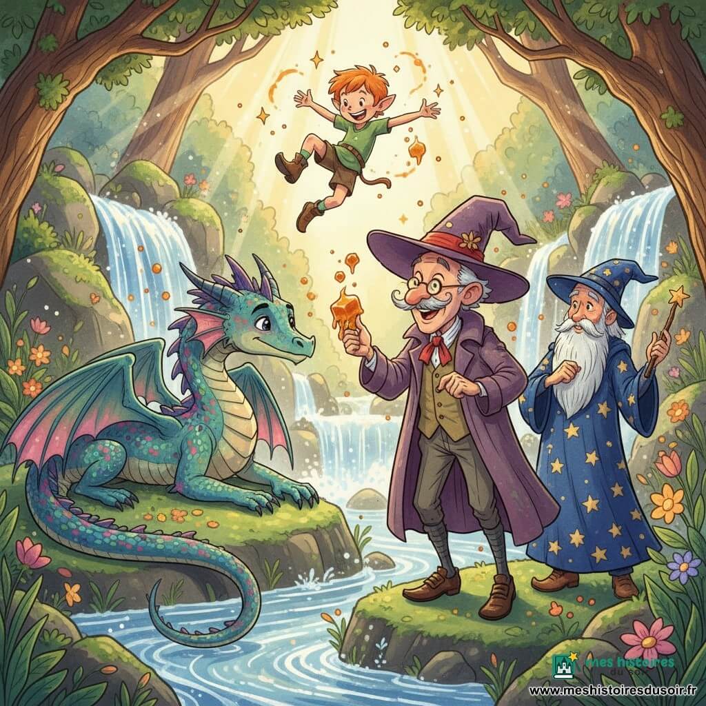 Gaston, vieil homme joyeux à moustache enroulée, lunettes rondes et chapeau trop grand, tend un caramel brillant au dragon en souriant; Gaspard, sorcier d’environ 60 ans à la longue barbe blanche et robe étoilée, se tient derrière à droite, baguette levée, air bienveillant; Loulou, petit lutin roux d’environ 8 ans aux oreilles pointues, virevolte au-dessus en riant; Drax, grand dragon aux écailles multicolores et yeux doux, allongé près d’une cascade scintillante sur des pierres moussus, incline la tête pour prendre le caramel; scène chaleureuse et colorée à la cascade des merveilles, fleurs lumineuses et rayons de soleil, étincelles de magie flottantes.