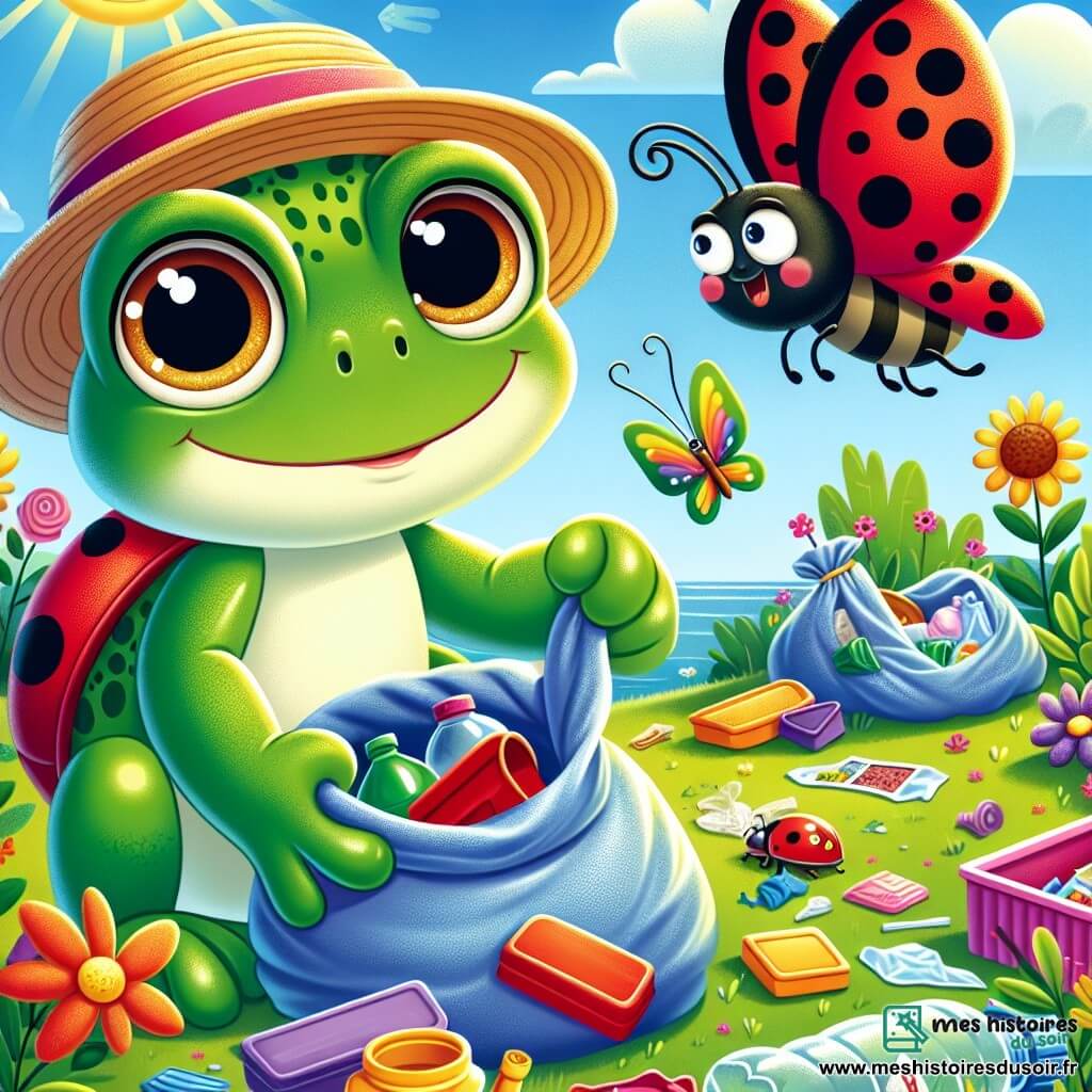 Lila, une petite grenouille verte avec de grands yeux et un sourire joyeux, trie des déchets dans un jardin ensoleillé. Elle porte un chapeau de paille et tient un morceau de plastique. À ses côtés, une coccinelle rouge admire son travail, prête à aider, tandis qu'un papillon aux ailes multicolores vole autour d'eux. Le jardin est rempli de fleurs éclatantes et de verdure, sous un ciel bleu. Lila et ses amis insectes nettoient le jardin pour le rendre plus beau et propre.