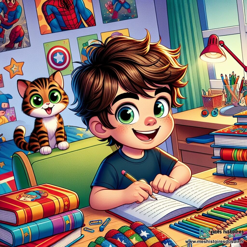 Un garçon de 8 ans, Lucas, avec des cheveux bruns en bataille et des yeux curieux, est assis à son bureau en bois, entouré de livres et de crayons colorés. Il sourit, montrant son excitation. À côté de lui, son chat Pompom, un tigré aux yeux verts, se tient sur le bureau avec une expression malicieuse. La scène se déroule dans la chambre de Lucas, décorée de posters de super-héros et de jouets éparpillés, avec une lumière douce filtrant à travers la fenêtre. Lucas et Pompom préparent une aventure amusante, tandis qu'une pile de chaussettes colorées est prête pour un concours hilarant.