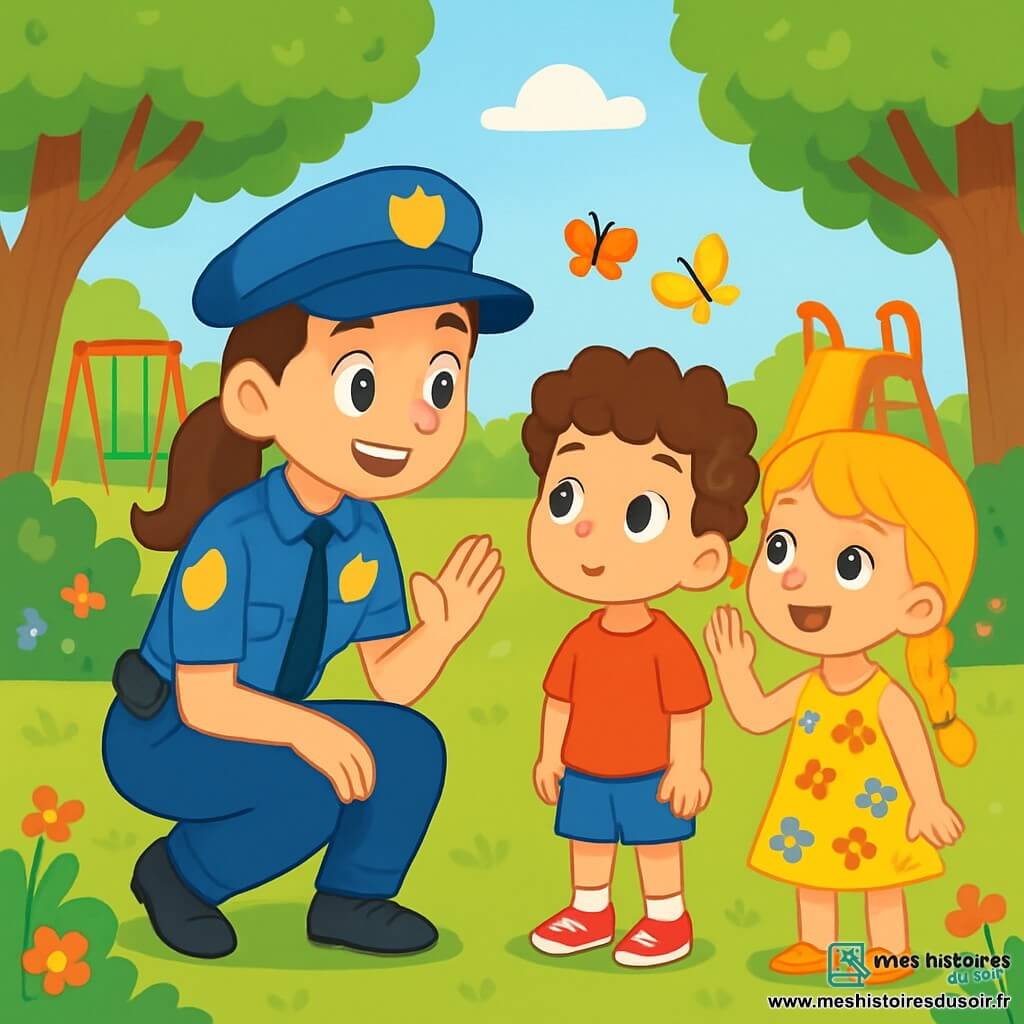 Capitaine Zoé, une policière souriante d’une trentaine d’années, porte une casquette bleue et un uniforme éclatant. Elle a les cheveux bruns en queue de cheval et parle à deux enfants. Sami, 8 ans, avec des cheveux bouclés et un t-shirt rouge, l'écoute avec espoir. Léa, 7 ans, avec des cheveux blonds tressés et une robe à fleurs, lève la main pour poser une question. La scène se déroule dans le parc Joyeux, un lieu verdoyant avec des arbres et des fleurs. Zoé écoute attentivement Sami et Léa, qui lui expliquent que leurs vélos ont disparu, et s'apprête à mener l'enquête pour les retrouver.