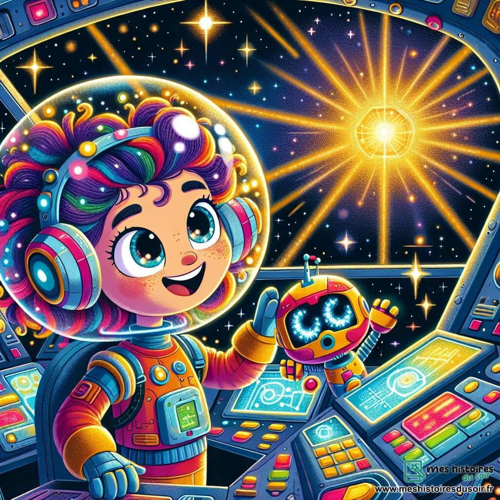 Zoé, une jeune femme aux cheveux bouclés et brillants, est dans le cockpit de son vaisseau spatial, l’Étoile Filante. Elle a des yeux pétillants de curiosité et un large sourire. Elle ajuste son casque futuriste et regarde à travers le hublot, fascinée par une lumière mystérieuse au loin. À ses côtés, Pixel, son robot amical, est un petit être métallique coloré avec des yeux lumineux. Il tient un écran holographique affichant des données sur la lumière étrange. Le cockpit est rempli de boutons colorés et d'écrans montrant des cartes des étoiles. À l'extérieur, l'espace est noir parsemé d'étoiles, et une lumière dorée brille au loin. Zoé et Pixel se préparent à explorer l'inconnu, leurs cœurs battant d'excitation.