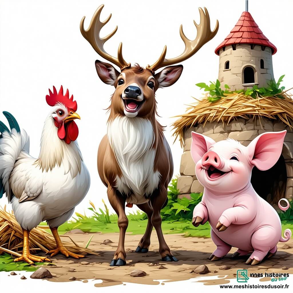 Rocco, un renne espiègle avec de grandes cornes et un sourire malicieux, danse joyeusement dans un château en paille. À ses côtés, Margot la poule, aux plumes blanches et dorées, bat des ailes en riant, tandis que Gaston le cochon, rose et rond, roule dans la boue en faisant des grimaces. La scène se déroule dans une ferme colorée, baignée par la lumière du soleil levant, entourée de fleurs éclatantes et d'arbres verdoyants. Des lapins curieux s'approchent de la fête, tandis que des étoiles scintillent dans le ciel. Rocco et ses amis préparent une grande fête, partageant rires et joie, entourés de légumes colorés, créant une ambiance festive et amicale.