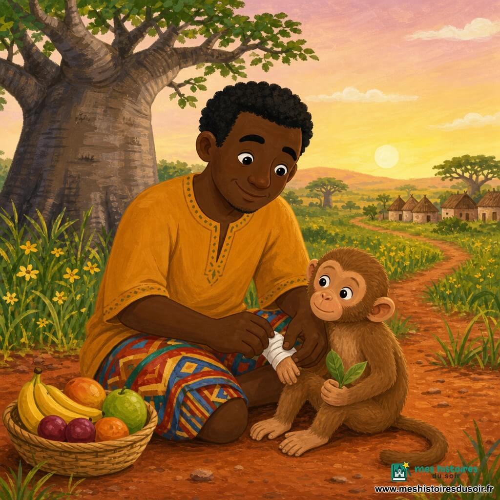Samba, grand homme à la peau brune au sourire doux et regard bienveillant, assis par terre en tunique ocre et pagne coloré, panse délicatement la petite patte d’un singe juvénile brun clair roulé sur son genou gauche ; un baobab massif à gauche et la savane avec herbes hautes et fleurs jaunes en arrière-plan, un chemin rouge menant au village, ciel matinal rose et doré, lumière chaude et ombres douces ; panier de fruits à côté, ambiance sereine et chaleureuse, style acrylique enfantin aux couleurs vives et traits simples.