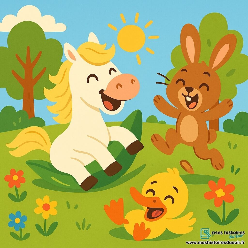 Mirabelle, un cheval blanc avec une crinière ondulée et des yeux joyeux, rit en glissant sur une feuille. Pipo, un petit lapin aux grandes oreilles et à la fourrure brune, saute joyeusement à côté d'elle, tirant la langue. Gaston, un canard aux plumes jaunes et au bec orange, roule sur le sol en faisant une grimace amusante. La scène se déroule dans une clairière ensoleillée, entourée d'arbres et de fleurs colorées. Les amis s'amusent ensemble, riant après une chute hilarante, jouant à une course rigolote.
