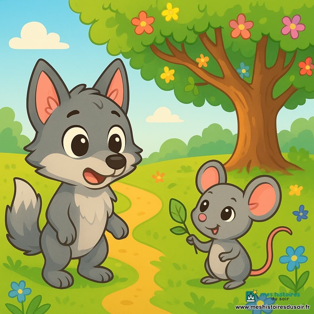 Un petit loup aux poils doux et soyeux, avec de grands yeux curieux, se tient dans une clairière ensoleillée, semblant excité et nerveux. À sa droite, une petite souris grise, souriante et malicieuse, l'encourage en tenant une feuille en forme de carte. Un arbre majestueux, couvert de fleurs colorées, crée un cadre enchanteur. La lumière du soleil filtre à travers les feuilles, projetant des ombres sur le sol en mousse verte. Le loup hésite entre plusieurs chemins d'aventure.