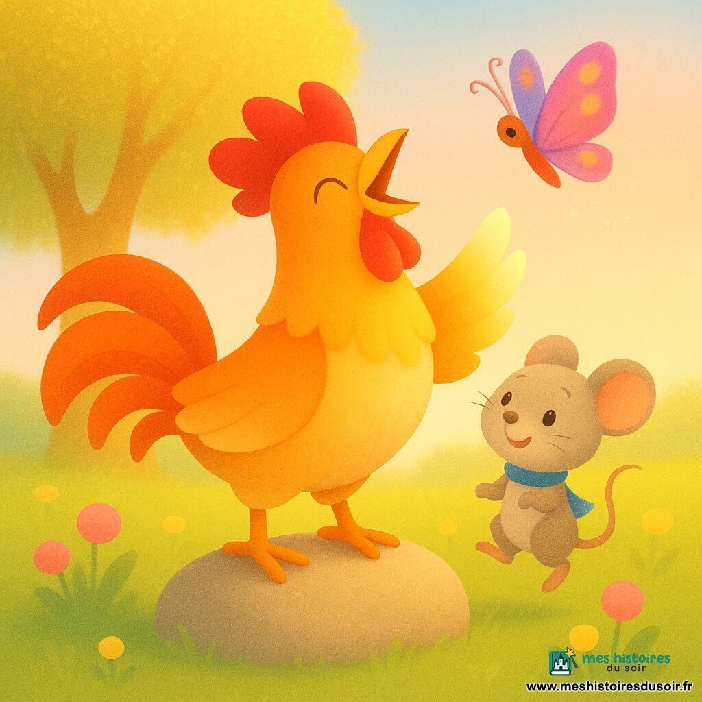 Un coq joyeux et fier, crête rouge brillante, plumage orange, jaune et blanc, perché sur une pierre, bec ouvert et aile levée; une petite souris Lili timide et souriante, pelage gris-beige et minuscule écharpe bleue, posée sur la pierre regardant le coq; un papillon Pipo aux ailes rose et violet ornées de taches lumineuses voletant au-dessus en léger flou; décor : pré vert parsemé de fleurs rondes roses et jaunes et grand arbre doré au feuillage scintillant, lumière douce de fin d'après-midi et ciel pastel; situation : les amis réunis sous l'arbre pour un moment de joie, composition centrée, expressions simples, couleurs chaudes, formes arrondies et contours nets, image rassurante pour les tout-petits.