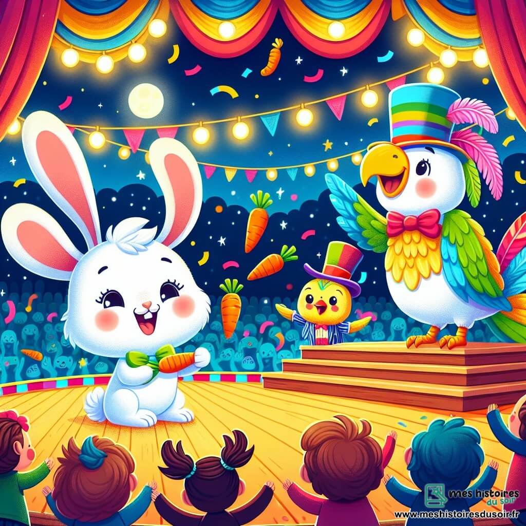Un petit lapin blanc nommé Benjamin, avec de grandes oreilles et une fourrure douce, jongle avec des carottes colorées sur scène, souriant joyeusement. À ses côtés, Monsieur Zazou, un grand oiseau en chapeau haut-de-forme, applaudit avec enthousiasme. Le décor est un cirque coloré, rempli de lumières scintillantes et de spectateurs émerveillés sur des bancs en bois. Benjamin réalise des pirouettes, faisant rire le public, tandis que des confettis tombent, ajoutant une touche festive à l’atmosphère joyeuse.