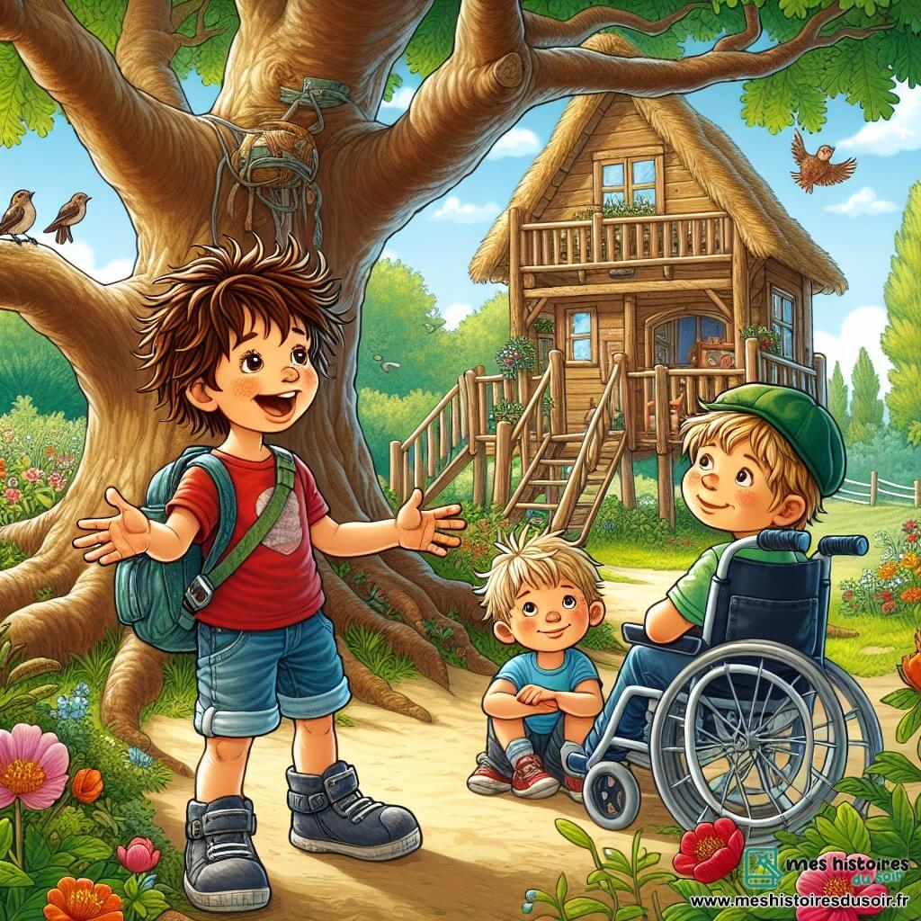 Trois garçons, Maxime, Lucas et Hugo, sont réunis sous un chêne dans un parc ensoleillé. Maxime, 10 ans, avec des cheveux bruns et un t-shirt rouge, raconte une histoire avec enthousiasme. Lucas, aussi âgé de 10 ans, a des cheveux blonds et une casquette verte, il est assis sur une branche, captivé par le récit. Hugo, 9 ans, est dans son fauteuil roulant à côté de l'arbre, souriant et admiratif. Le parc est verdoyant, avec des fleurs colorées et des oiseaux chantant. Une cabane en bois, rustique et accueillante, est construite dans l'arbre. Maxime raconte une histoire de fantômes, tandis que Lucas et Hugo l'écoutent attentivement. D'autres enfants, intrigués par l'idée d'une cabane hantée, s'approchent, créant une atmosphère d'excitation et de mystère.