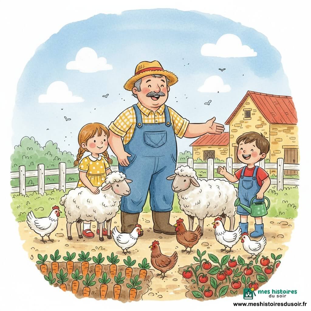 Un homme d’environ 55 ans, moustachu, visage rond, en salopette en jean et chapeau de paille, souriant et montrant des poules ; une fille de 7 ans (Léa), cheveux châtain clair en deux nattes, robe jaune à pois blancs, caressant un mouton blanc (Flocon ou Nuage) à gauche ; un garçon de 7 ans (Tom), cheveux bruns courts, t‑shirt rouge et salopette courte, riant et tenant un petit arrosoir vert à droite ; plusieurs poules blanches et marron picorant devant et deux moutons laineux près de la fille ; décor : potager coloré avec rangs de carottes et tomates, enclos en bois clair et ferme en pierres jaunes au toit rouge, ciel bleu pâle avec quelques nuages ; ambiance joyeuse de découverte, composition centrée, couleurs vives et traits à l’encre visibles.