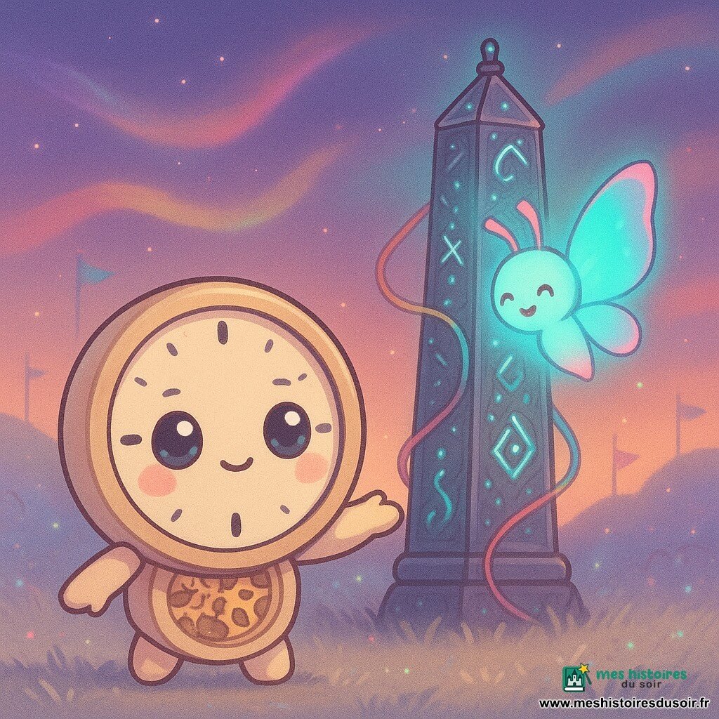 Tic-Tac, petite horloge anthropomorphe au visage rond et aux grands yeux timides et émerveillés, en métal crème poli avec engrenages dorés, avance en faisant tic-tac et tend la main vers un grand étendard ; Lumina, étincelle flottante en forme de papillon de lumière cyan et rose néon au sourire joyeux, virevolte quelques centimètres au‑dessus de sa tête ; l’étendard, haute antenne métallique sculptée de runes argentées aux lumières turquoise et fils colorés brillants, domine une plaine magnétique d’herbes argentées sous un ciel crépusculaire aux auréoles colorées, petites antennes et drapeaux étincelants et reflets prismatiques au sol ; scène centrée montrant la découverte du symbole gravé sur l’étendard, ambiance douce et magique, palette pastel lumineuse, textures lisses, expression d’émerveillement et de complicité.