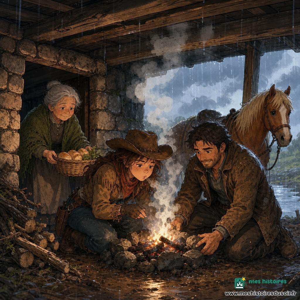 Jeune cow‑girl aux taches de rousseur et cheveux bruns sous un chapeau de cuir ranime de petites braises pendant que Tom, ~35 ans, barbe de trois jours et veste usée, aide à poser des pierres autour du feu, Rosa, vieille femme au châle vert et chignon gris, tend un panier de pain et d’herbes depuis l’entrée d’un abri de pierre sous un vieux pont en bois, la jument alezane Tache, crinière claire et trempée, est attachée près du pont et regarde le feu ; sol boueux, murs humides, rondins empilés, fumée blanche montant vers des nuages gris, ambiance humide mais chaleureuse, vêtements séchant et partage de pain, contraste chaud/froid avec textures de pluie et de fumée.