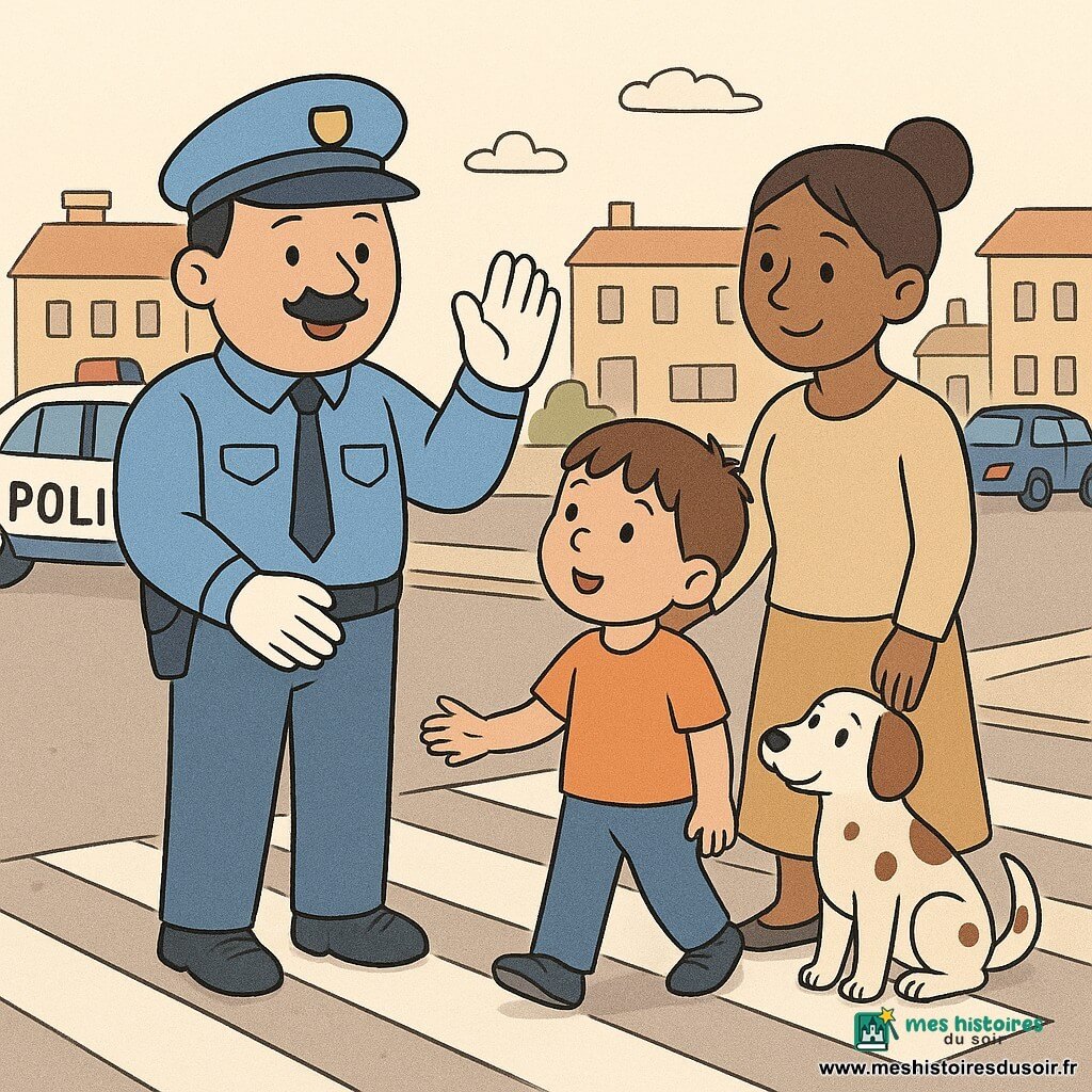 Un policier souriant et bienveillant en uniforme bleu clair lève la main pour arrêter la circulation sur un grand passage piéton pavé de la place du village afin de faire traverser en sécurité Lucas, un garçon d’environ 5 ans tenant sa main, accompagné de sa maman d’environ 30 ans, coiffée en chignon, une petite chienne tachetée retrouvée assise près d’une dame reconnaissante en retrait, une voiture de police blanche et bleue et deux voitures arrêtées à côté, bâtiments bas en arrière-plan, ambiance lumineuse matinale et expressions calmes et rassurantes.