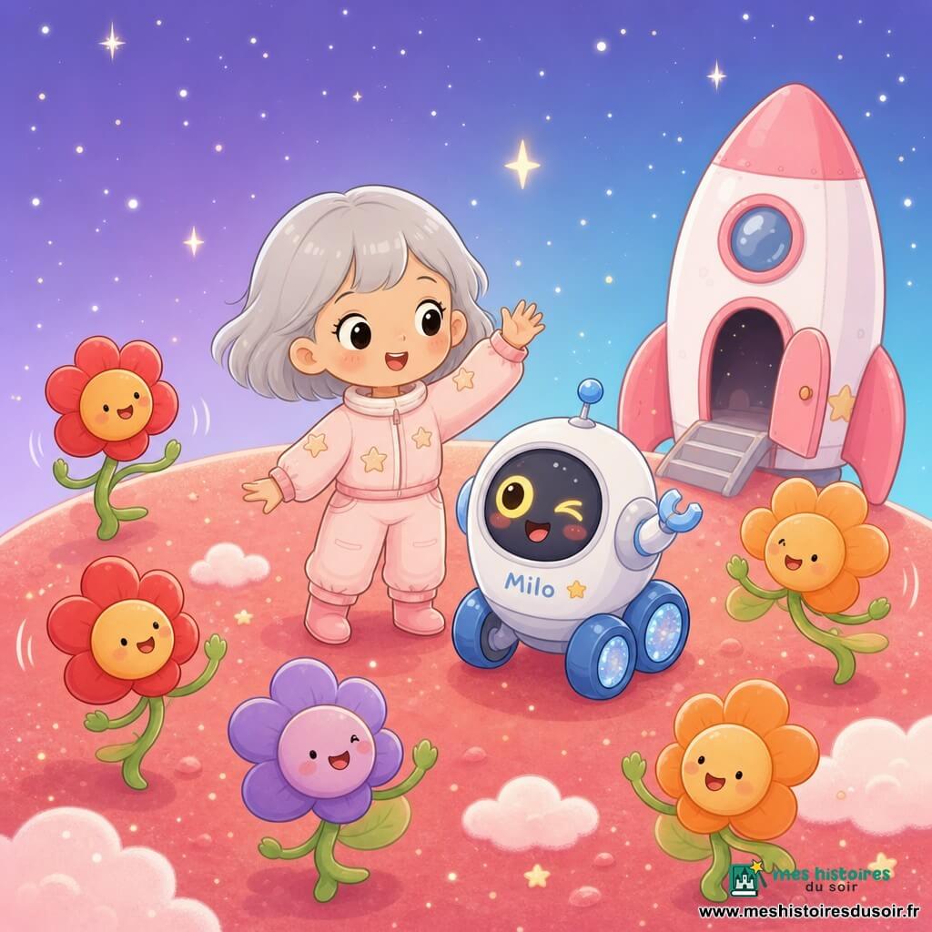 Une femme nommée Luna, cheveux courts argentés, souriante dans une veste spatiale rose pâle brodée d'étoiles, tend la main en regardant autour d'elle ; à côté, le petit robot Milo, non humain et rigolo, aux roues bleues brillantes et à un grand œil jaune lumineux, clignote joyeusement près d'une fusée blanche et rose garée en arrière-plan avec sa porte entrouverte ; des fleurs dansantes aux têtes rondes colorées (rouge, orange, violet) aux petits visages heureux tournent en cercle sur une petite planète ronde au sol moelleux rouge doux orné de motifs nuageux et grains scintillants, sous un ciel dégradé violet-bleu étoilé ; ambiance calme, chaleureuse et magique, couleurs pastel, formes arrondies et traits simples.