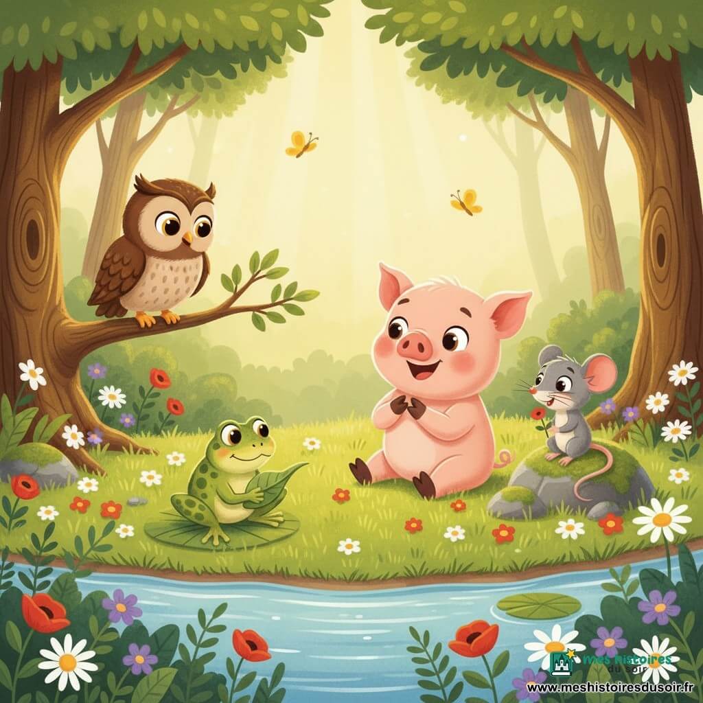 Pipo, un petit cochon rose pâle aux joues rondes et au nez retroussé, sourit et applaudit assis dans l'herbe; à ses côtés sur une pierre mousseuse, Mimi la souris grise aux grandes oreilles tient une petite fleur et écoute; au centre, une grenouille verte tachetée de jaune joue d'une feuille assise sur un nénuphar au bord d'un ruisseau clair, tandis que Sagesse le hibou brun, perché sur une branche à gauche, observe la scène; la clairière lumineuse, entourée d'arbres aux troncs noueux, est couverte d'herbe brillante, de pâquerettes, coquelicots et petites fleurs violettes, avec des papillons jaunes, créant une ambiance chaleureuse, ludique et lisible pour un enfant de six ans.