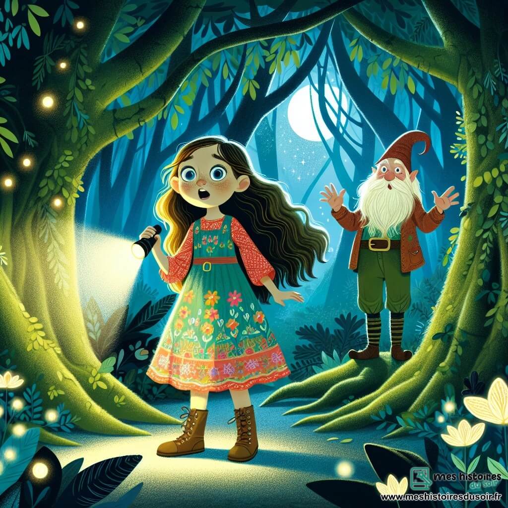 Au cœur d'une forêt mystérieuse, Clarisse, une petite fille de 10 ans aux longs cheveux dorés et à la robe légère aux couleurs vives, tient une lampe de poche qui éclaire son chemin. À ses côtés, un gnome âgé d'environ 50 ans, vêtu d'une tunique verte, l'observe avec bienveillance. La forêt dense, avec des arbres noueux et des feuilles vert éclatant, est parsemée de fleurs luminescentes. Clarisse et le gnome se tiennent devant un ancien cimetière, entouré d'une brume légère, où des pierres tombales recouvertes de mousse se dressent et où apparaît au loin une silhouette éthérée d'une jeune fille en robe blanche, créant une ambiance à la fois effrayante et fascinante.