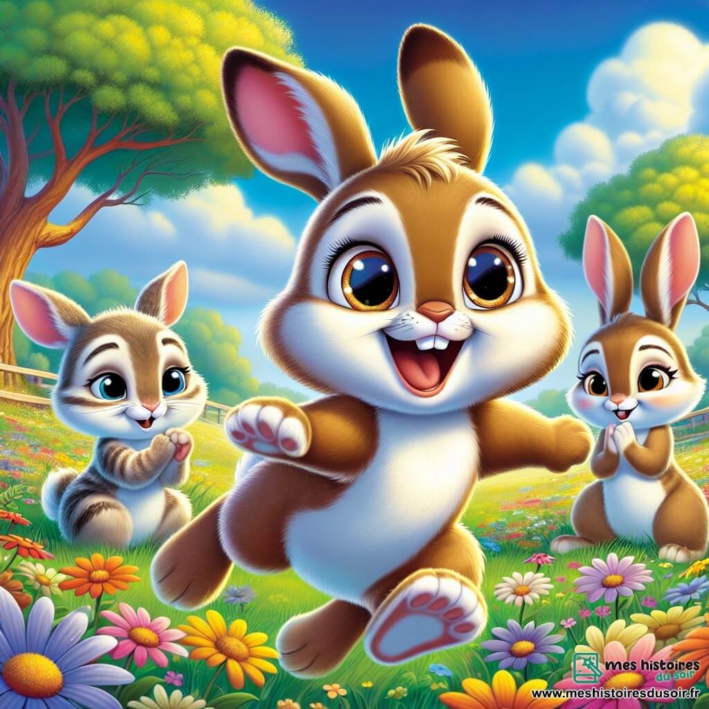 Milo, un jeune lapin au pelage brun, exprime une grande joie en bondissant, entouré de fleurs colorées. À sa droite, Léo, un petit lapin avec une tache blanche sur le museau, montre de la fierté en exécutant des sauts gracieux. À gauche, Lia, une lapine aux rayures délicates, applaudit avec émerveillement en regardant son frère. Le décor se situe dans une prairie ensoleillée, avec des fleurs multicolores et des chênes majestueux, sous un ciel bleu. L'image illustre la célébration de l'amitié et de l'acceptation dans leur communauté.